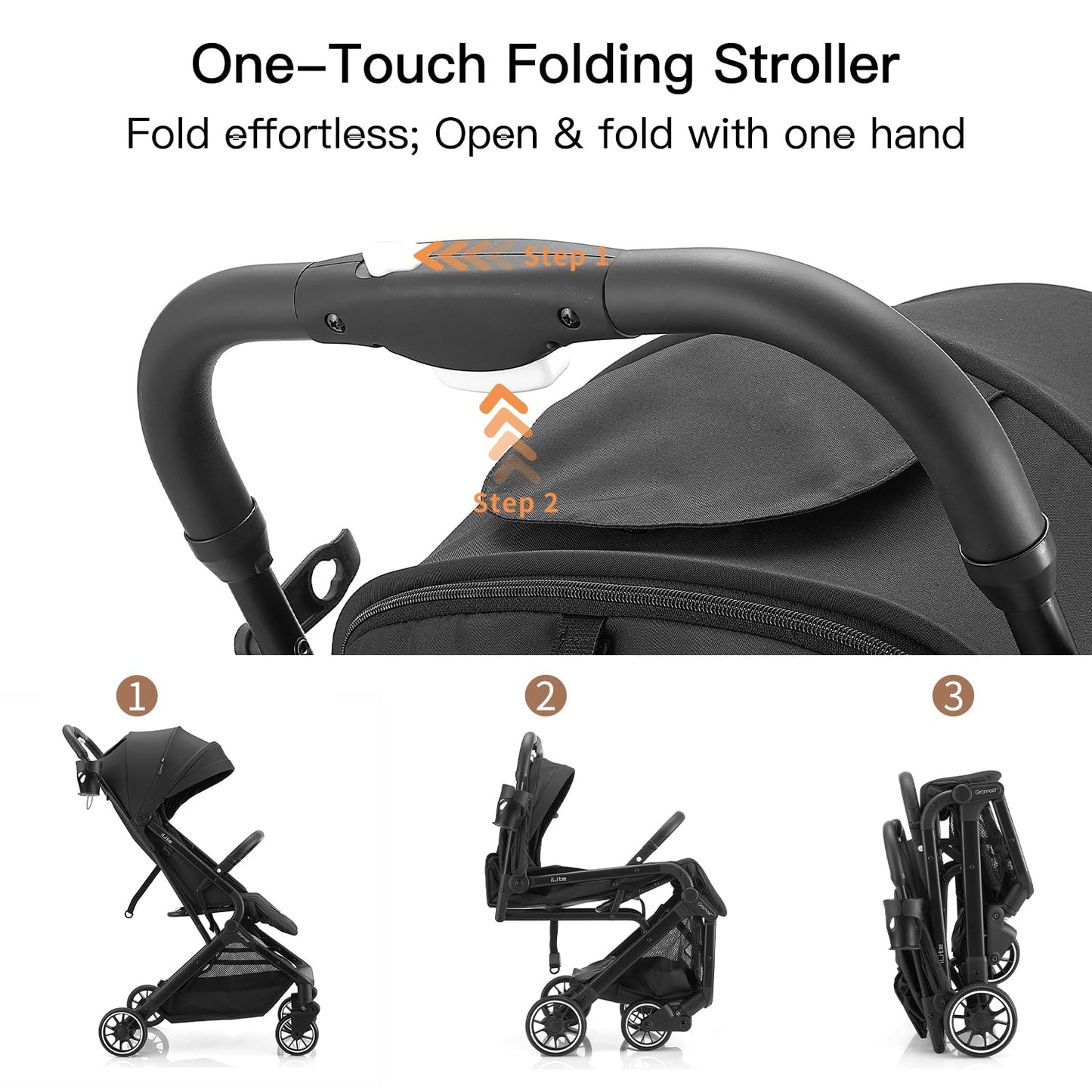Compact Fold Baby Stroller, Lightweight Travel Toddler Stroller with One-Click Fold, Extendable UPF50+ Canopy, Cup Holder, UV Protected and Waterproof, One-Hand Folding - Black