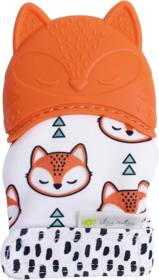 Itzy Ritzy Silicone Teething Mitt - Soothing Infant Teething Mitten with Adjustable Strap, Crinkle Sound & Textured Silicone to Soothe Sore & Swollen Gums - For Ages 3 Months & Up (Fox)