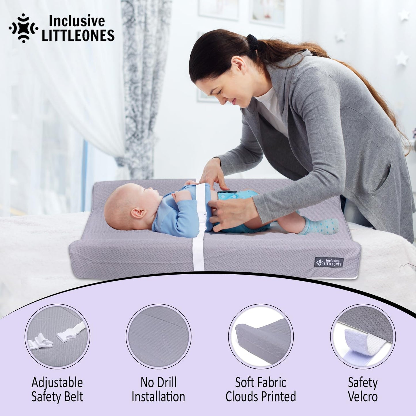 Baby Diaper Changing Pad Soft, Waterproof Changing Pad, Non-Slip Bottom, Safety Straps & Ergonomic Contoured Design - Wipeable Changing Pad Cover Standard Size (31.5"x16") Changing Tables & Dressers