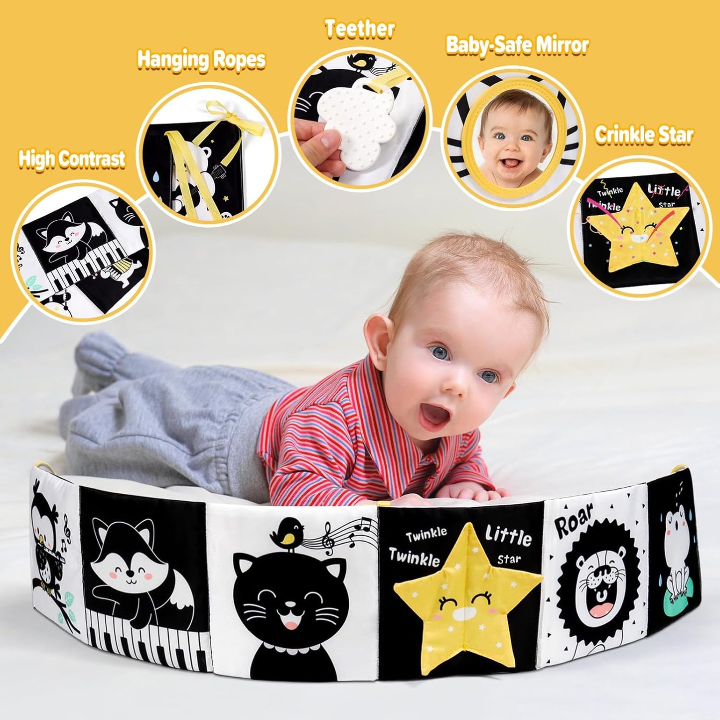 OKOOKO Black and White High Contrast Baby Book 0-6 Months Baby Soft Book Tummy Time Toy Crib Stroller Toy Montessori Sensory Toy Early Education Months Newborn Infant for 0+