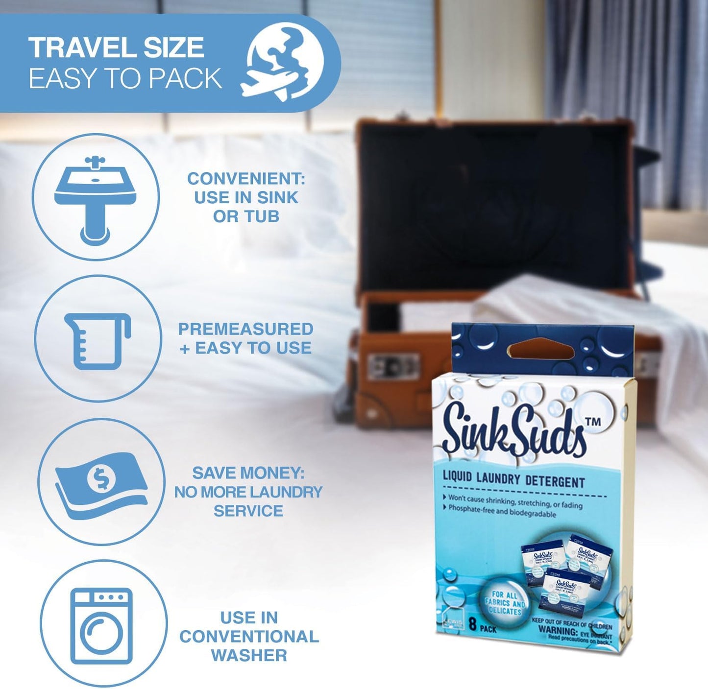 SinkSuds Laundry Detergent, Travel Size Liquid Soap, TSA Compliant, Safe For All Fabrics, 8 Packets (Packaging May Vary)