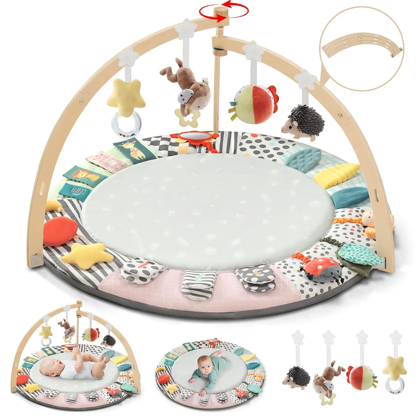Baby Play Mat Activity Gym,6 Developmental Zones Tummy Time Mat, Foldable Wooden Baby Play Gym with 7 Detachable Sensory Toys for Newborn Brain Development, Essential Baby Shower Set