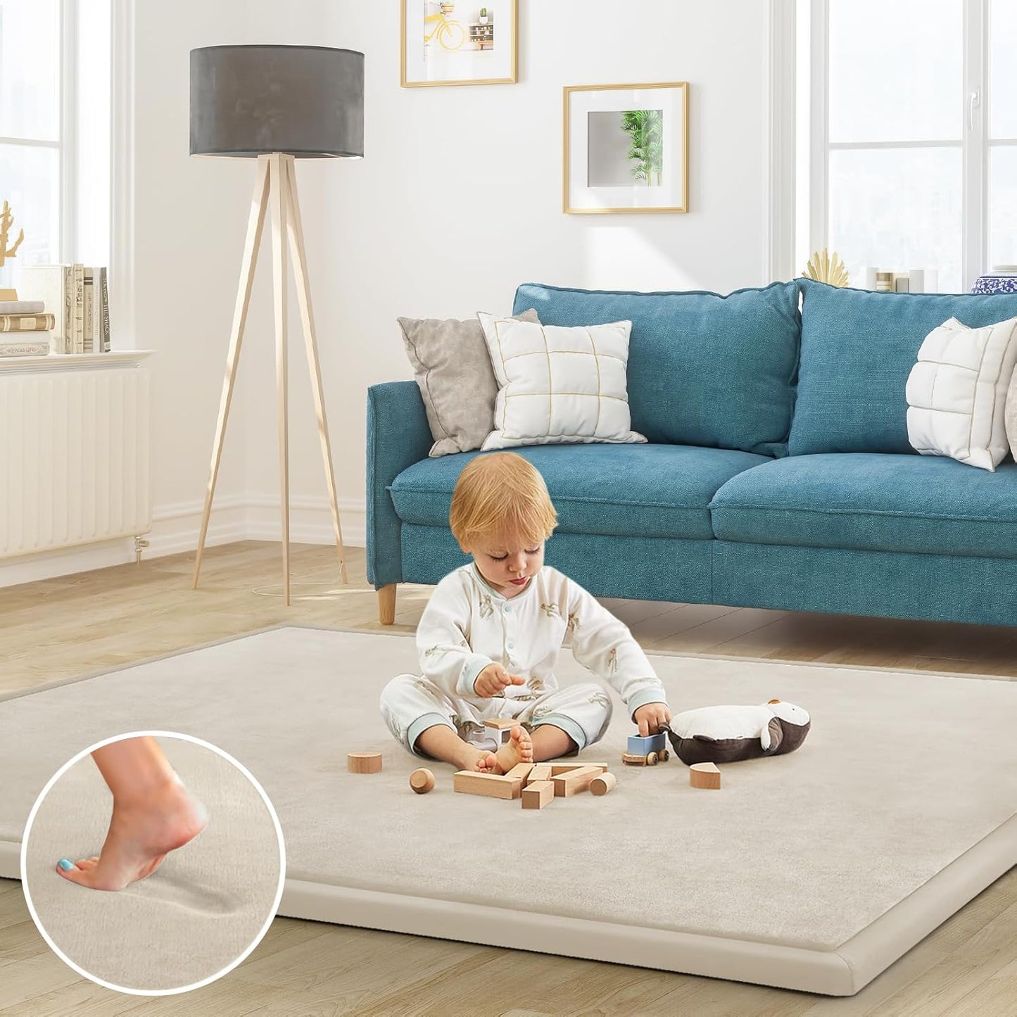 Baby Play Mat for Floor Tummy Time Mat Nursery Muscle Area Rug Playroom Rug Tatami 59"*71" Memory Foam 1.3" Thick Crawling For Babies,Toddlers, Infants, Kids,Floor(Beige)
