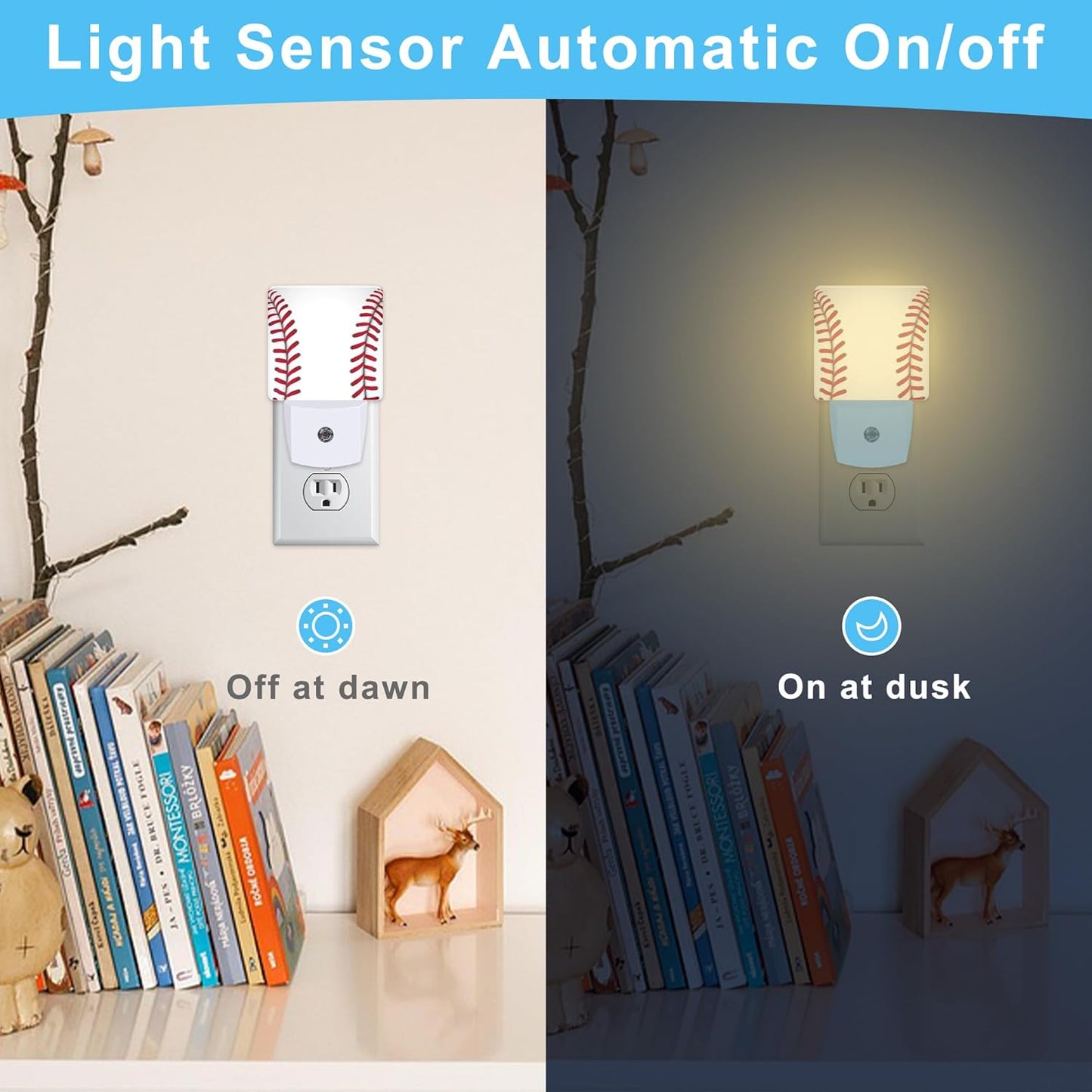 Baseball Plug in Night Light with Auto Dusk to Dawn Sensor,Warm Night Lights for Boys Girls Bedroom Bathroom Hallway Kids Room Gifts