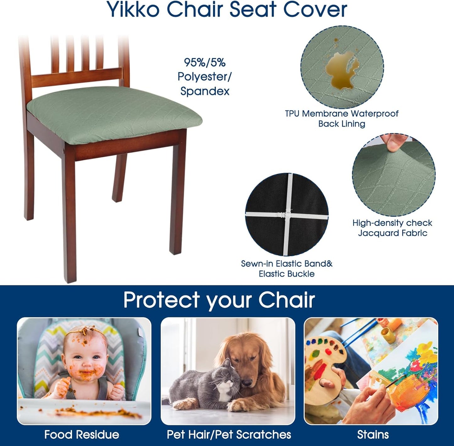 Yikko Chair Seat Covers, High-Density Check Jacquard Ekedalen Seat Covers for Dining Kitchen Restaurant Banquet, Stretch Removable Washable Chair Seat Cushion Protector (6, Green)
