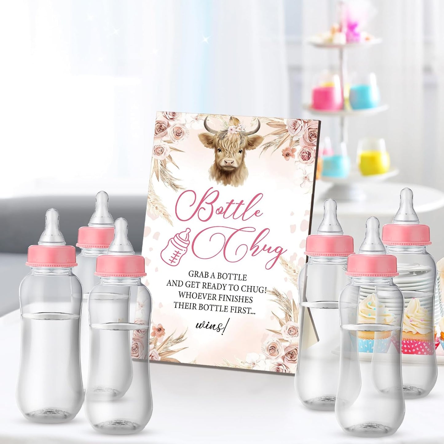 TrelaCo Cool Baby Shower Games Bottle Chug Sign and 12 Pcs Baby Bottle Shower Favor Baby Bottles for Baby Shower Games Gender Reveal (Highland Cow)