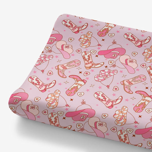 Western Cowgirl Yee Haw Hat Boots Changing Pad Cover for Baby Girls, Pink Cow Lover Star Wild West Diaper Change Table Covers, Soft Stretchy Safe Snug Fitted Changing Mat Sheets Fit 32