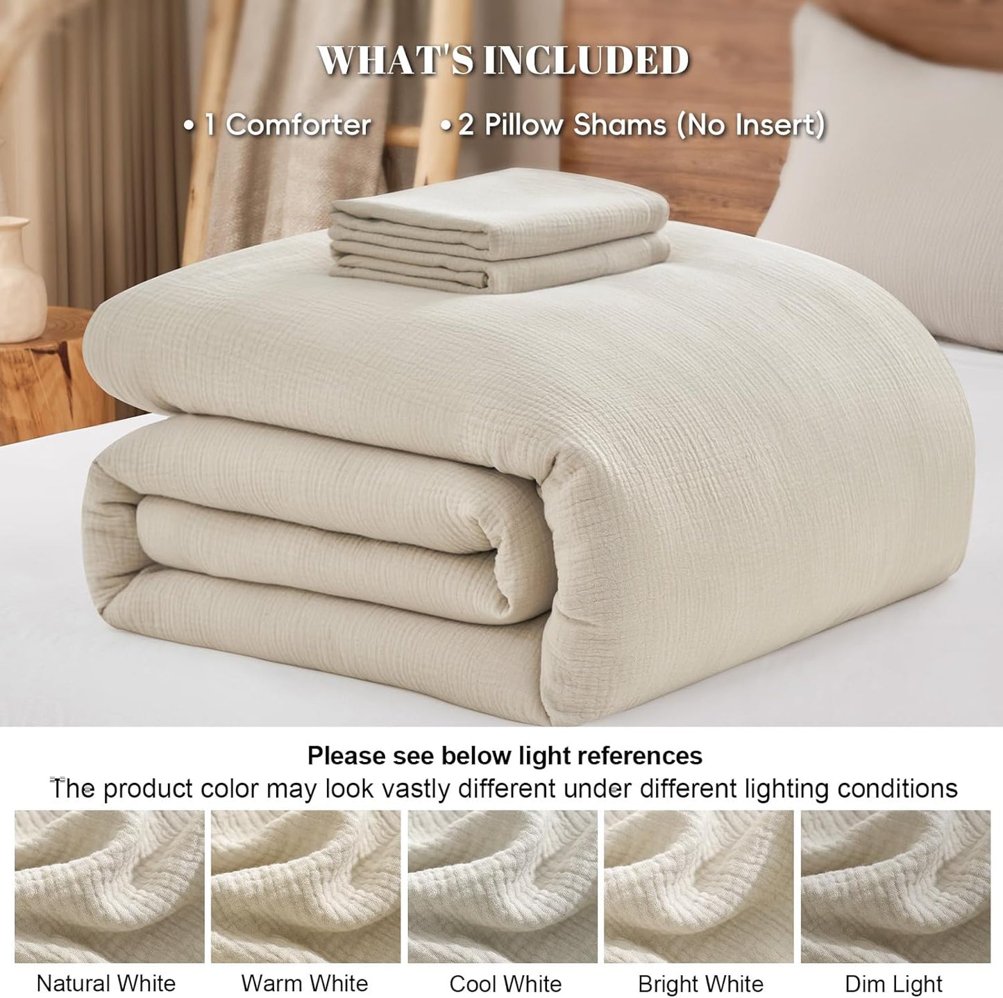 PHF Cotton Muslin Comforter Set Queen Size – Ultra Soft, Breathable & Lightweight Bedding Set for All Seasons, 3 Pieces - 1 Comfy Comforter 90"x90", 2 Pillow Shams 20"x26", Natural
