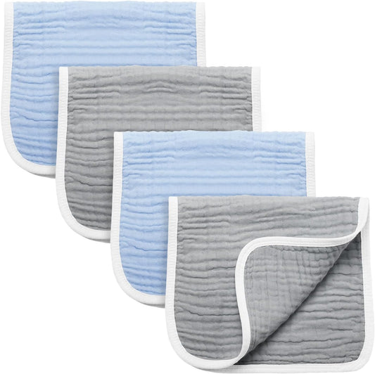 Synrroe Burp Cloths Large, Muslin Burp Cloths for Baby Girls and Boys, Pack of 4 Extra Absorbent and Soft Muslin, 6 Layers 20 by 10 Inches 100% Cotton (Blue-Grey 4 Pack)