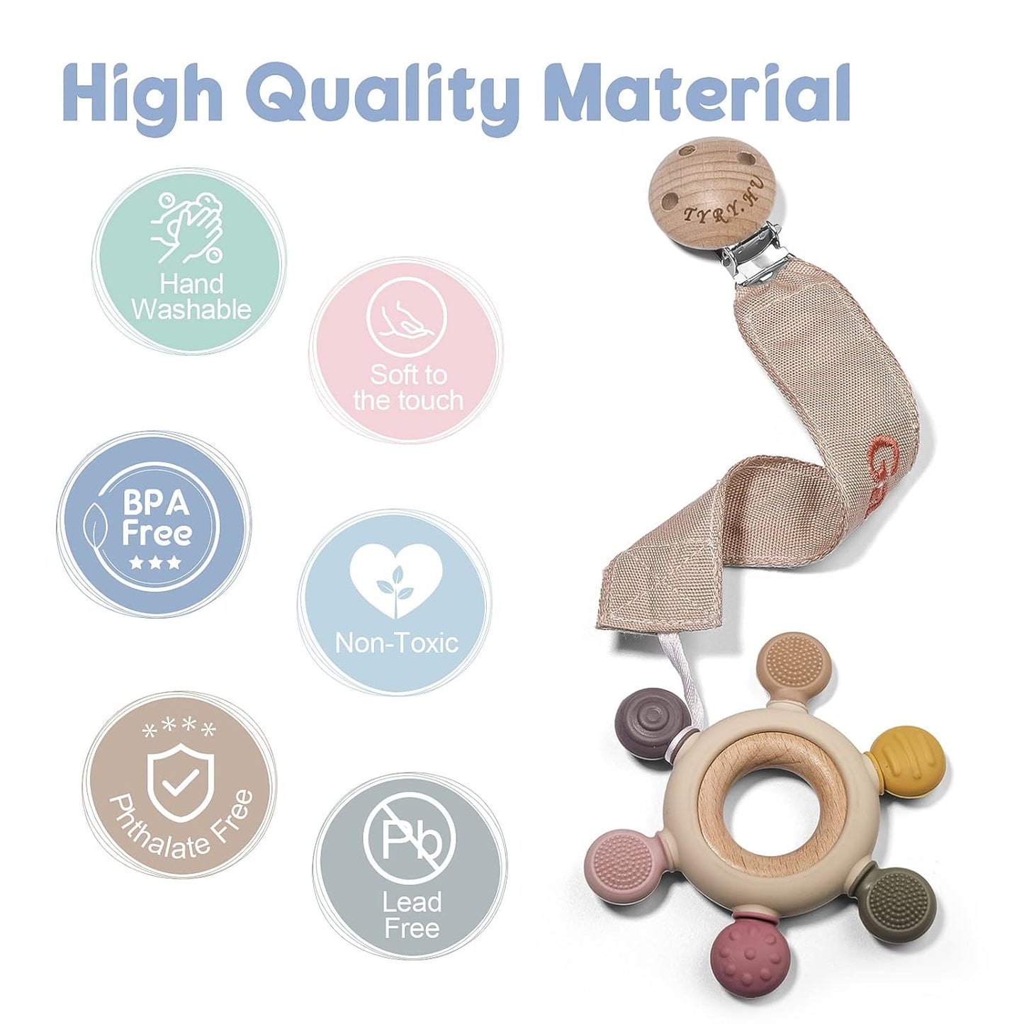 TYRY.HU Personalized Pacifier Clip with Name, Embroidery Ribbon Pacifier Holder for Baby Girls and Boys, Neutral Pacifier Leash Universally Fit All Pacifiers & Baby Toys, 2 Pack Baby Gift(Khaki, Blue)