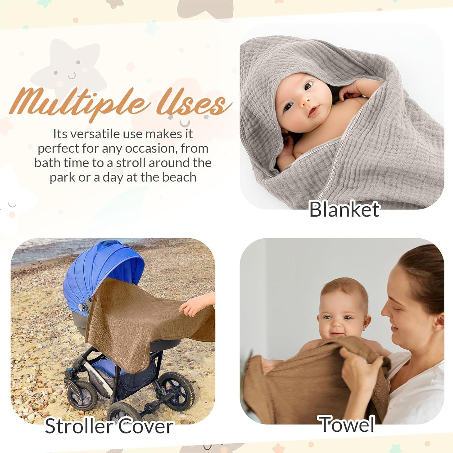 6 Pcs Muslin Hooded Bath Towels Washcloths and Bibs Set, Muslin Cotton Baby Towels Absorbent Hooded Blanket Towel Infant Bibs for Boys Girls Newborn Infant Essentials(Brown, Beige)