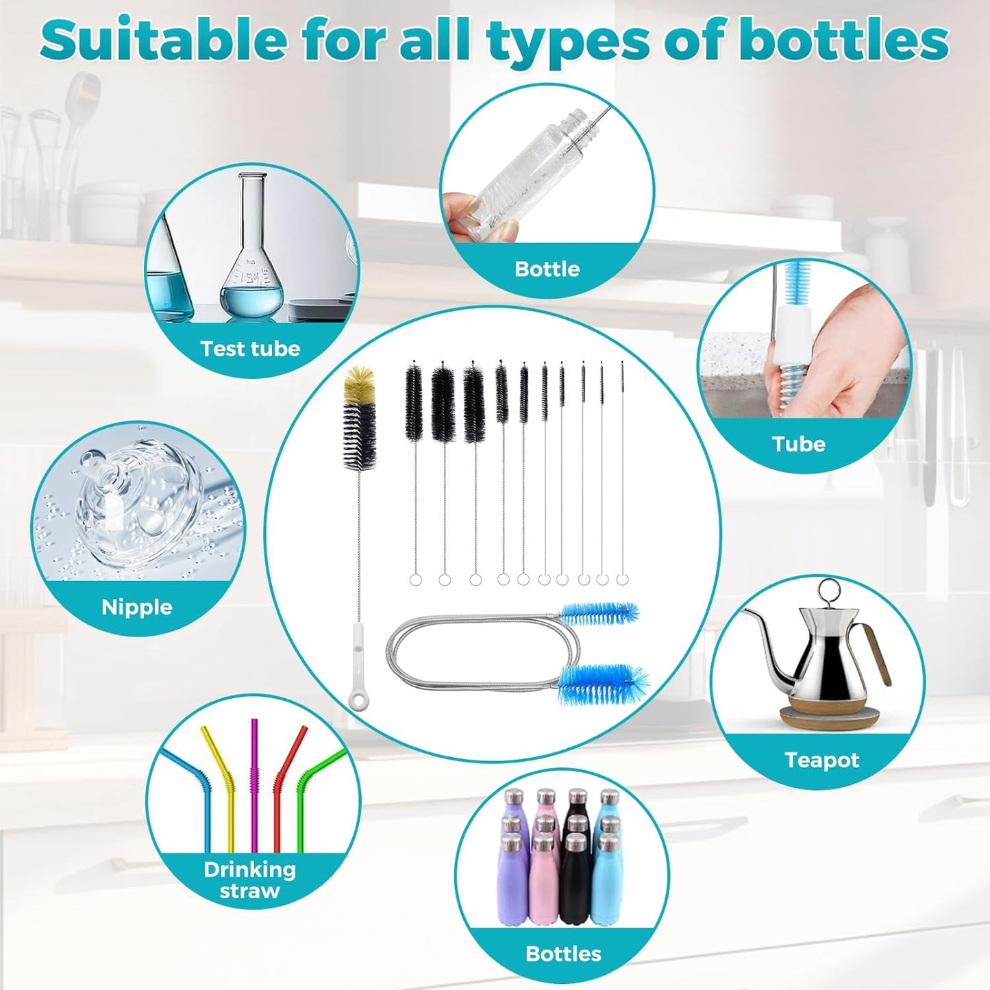 12 Pack Glass Tube Pipe Cleaner Brush Set, for Cleaning Long Neck Bottle, Bent Glass Tube,17-inch Long Handle Brush,8.2-inch Different Diameters Brushes,35-inch Flexible Double Ended Cleaner