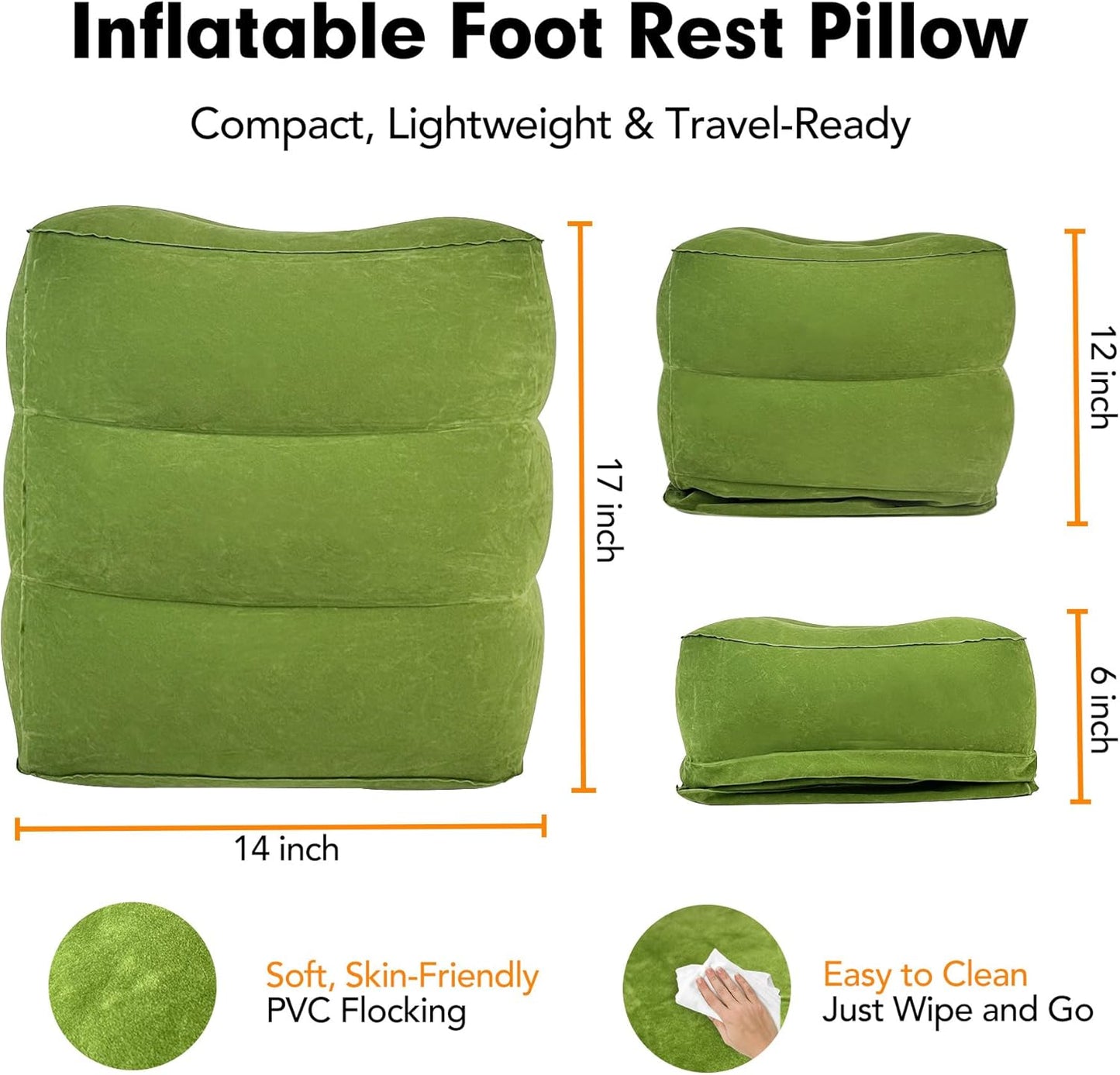 Inflatable Foot Rest Pillow for Travel, Adjustable 3 Layers Height Cushion Kids/Adults Airplane Travel Pillow, Suitable for Office, Home, Trains, Cars - Green