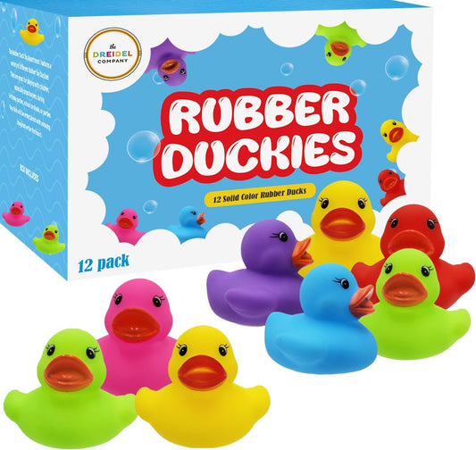 Classic Rubber Duck Toy Duckies for Kids, Six Solid Colors, Bath Birthday Gifts Baby Showers Classroom Summer Beach and Pool Activity, 2" (12-Pack)