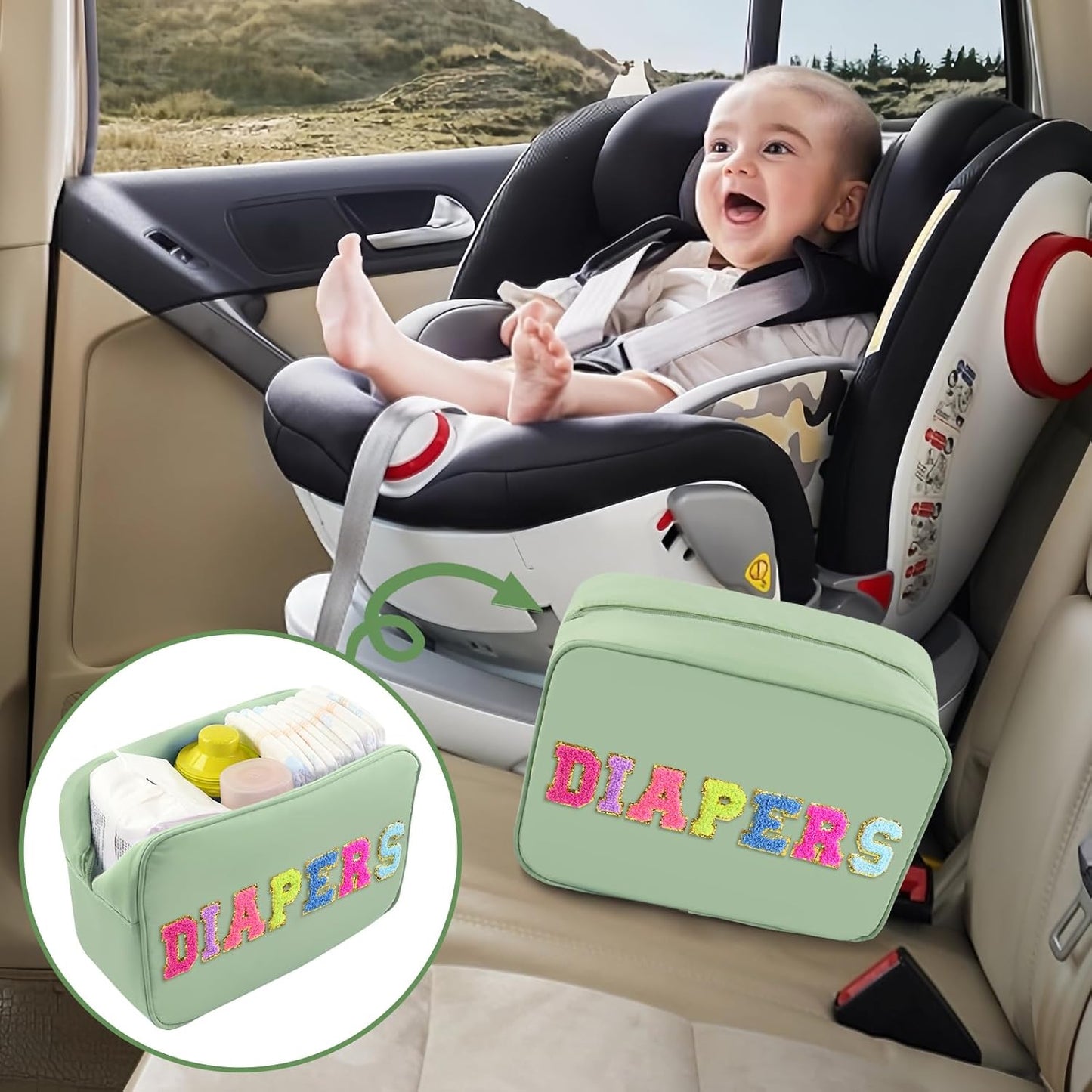 Small Diaper Bag, Chenille Letter Diaper Caddy Organizer Pouch Newborn Baby Essentials Must Haves for Nursery Changing Table, Sage Green Waterproof Diaper Pail Baby Shower Gifts for Mom To Be