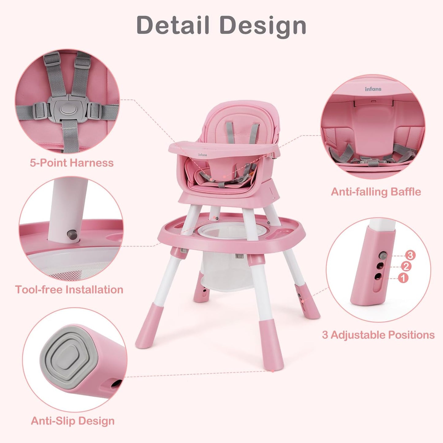 INFANS 9 in 1 High Chair, Convertible Baby Highchair for Babies and Toddlers, Table and Chair Set Building Block Infant Dining Booster Seat, Kids Stool with Activity Children Play Kitchen (Pink)
