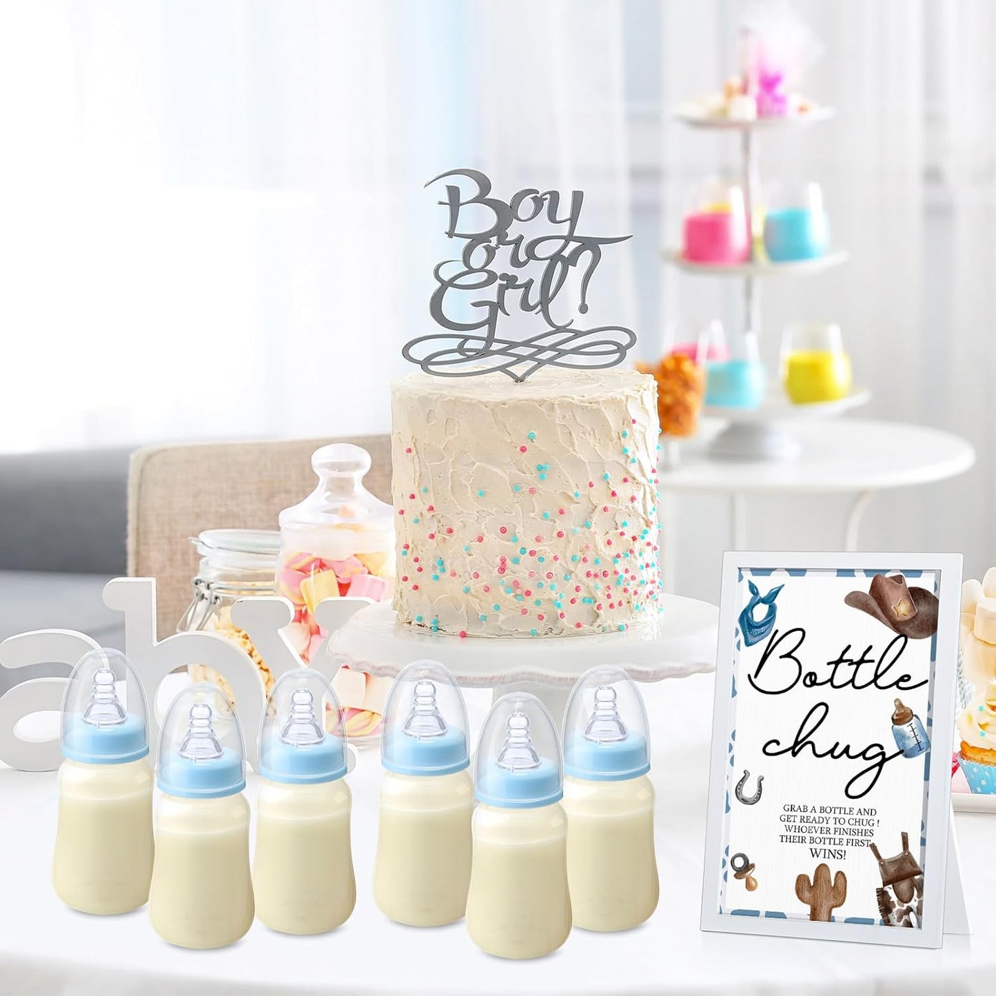 Roowest Bottle Chug Baby Shower Games Sets Including 18 Pcs Feeding Bottles with 1 Bottle Chug Wooden Sign for Gender Reveal Baby Shower Party Supplies(Blue,Cowboy)