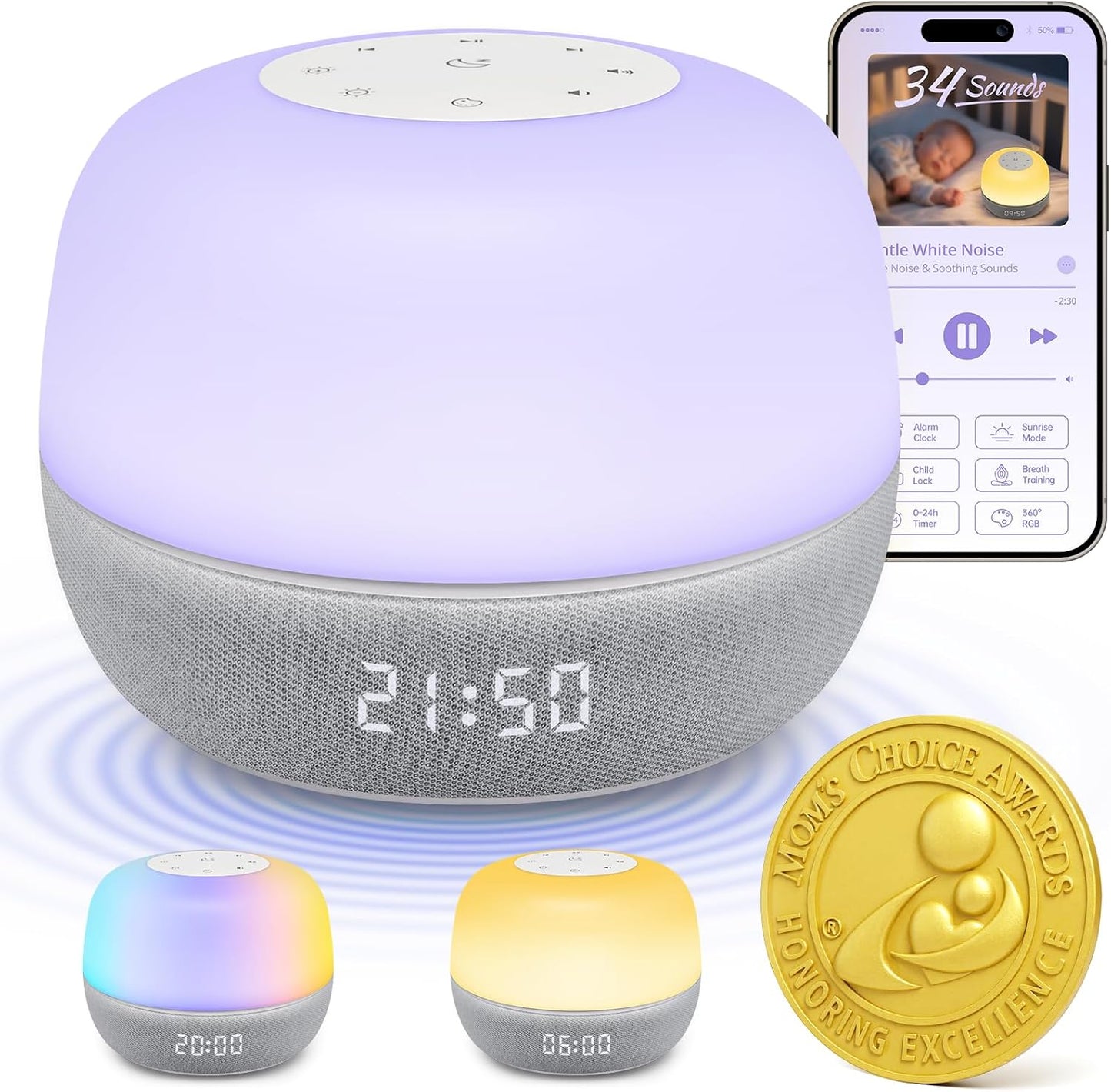 2025 Mom's Choice Awards | Sound Machine Baby White Noise Machine with Sunrise Alarm Clock & App Control – 360° RGB Night Light, Sleep Soother for Adults & Kids, Baby Essentials for Newborns