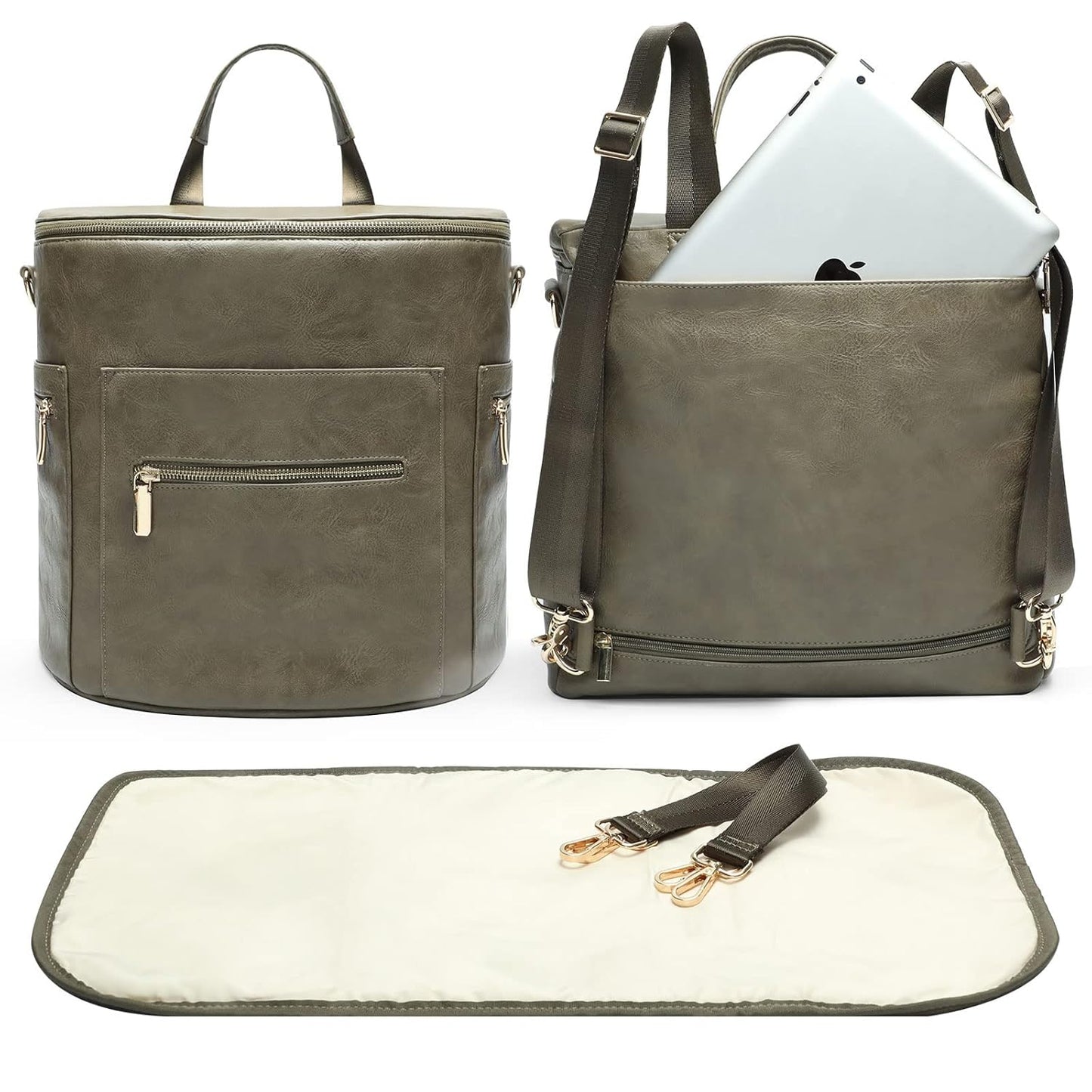 miss fong Diaper Bag Backpack Baby Diaper Bag, Large Leather Diaper Backpack with 16 Pockets Travel Diaper Bag with Diaper Changing Pad, Stroller Straps & 2 Insulated Pockets (Convertible, Forest)