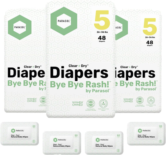 Parasol Clear+Dry Disposable Diapers and Clear+Pure Wipes Kit, RashShield Protection, Size 5 (26-36 lbs), Diaper Bundle of 144 Diapers & 240 Wipes