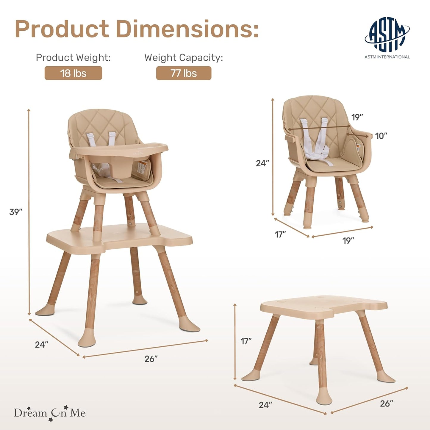 Dream On Me Luna 4-in-1 Convertible Baby High Chair in Beige, Transforms into Booster, Toddler Seat & Table Set, Adjustable and Removable Tray Portable High Chair