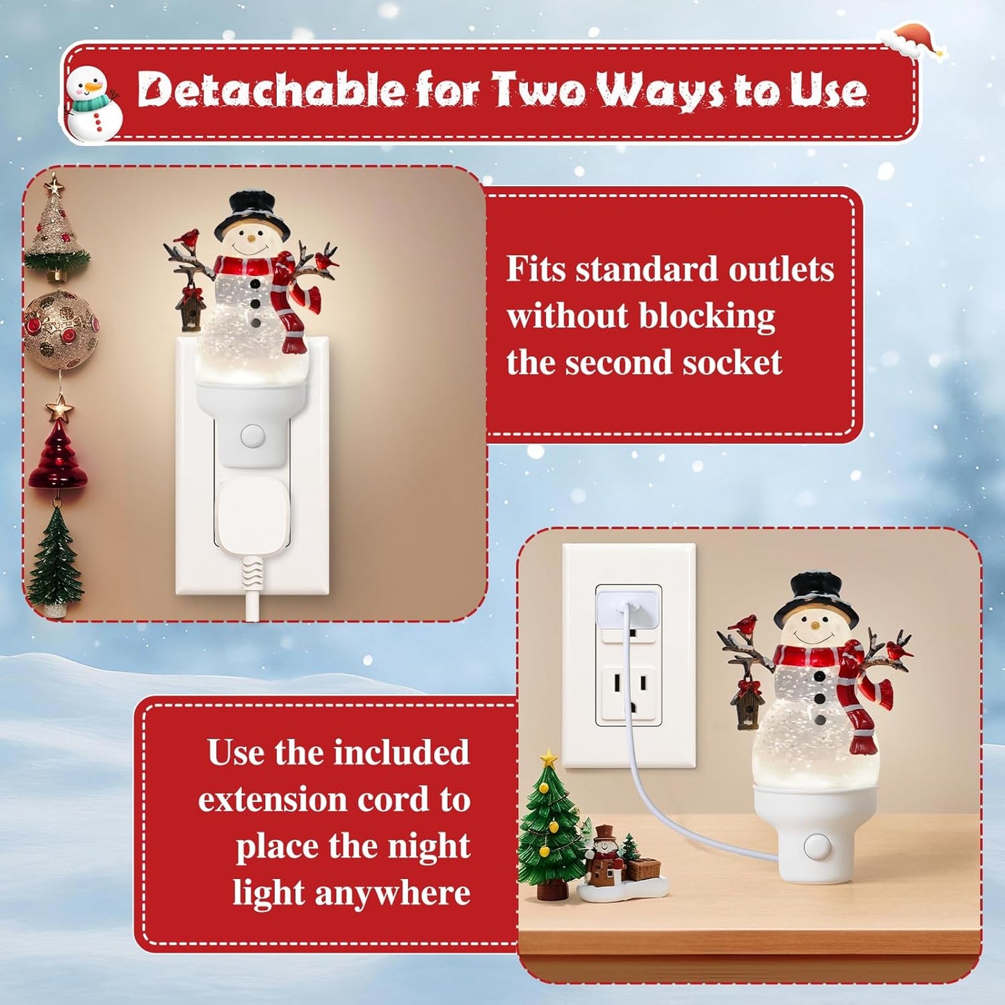 Christmas Snowman Night Light Plug into Wall Glitter Water Nightlight with USB/Outlet Options, Christmas Decorative Nightlight for Bedroom Kitchen Nursery Holiday Decorations Gifts (Snowman)