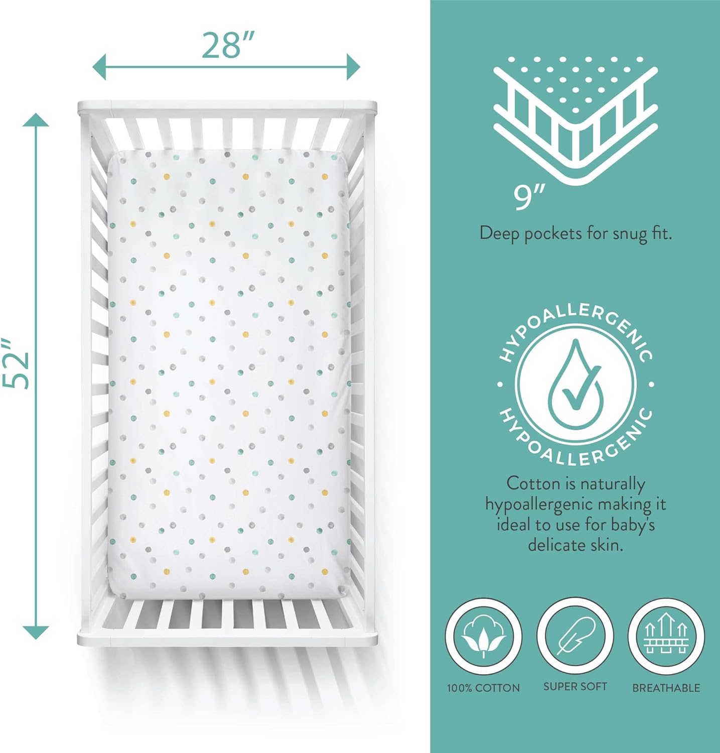 Featherhead™ 2-Pack Fitted Crib Sheets - 100% Cotton - 52" x 28" x 9" for Standard Crib and Toddler Mattress (Jersey Grey Polka)