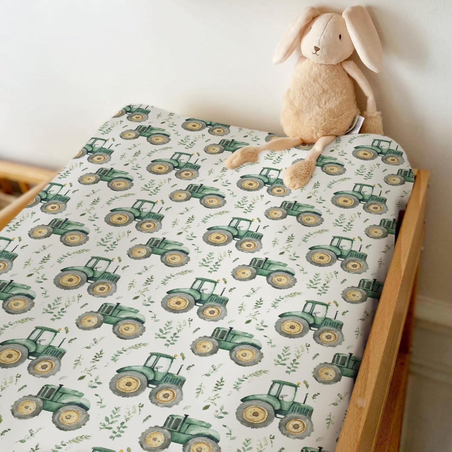 Watercolor Green Tractors Baby Changing Pad Covers for Boy Girl Farm Tractors Boho Leaves Fitted Change Table Mats Farm Life Soft Diaper Change Table Cover Sheets for 32''×16'' Contoured Pad