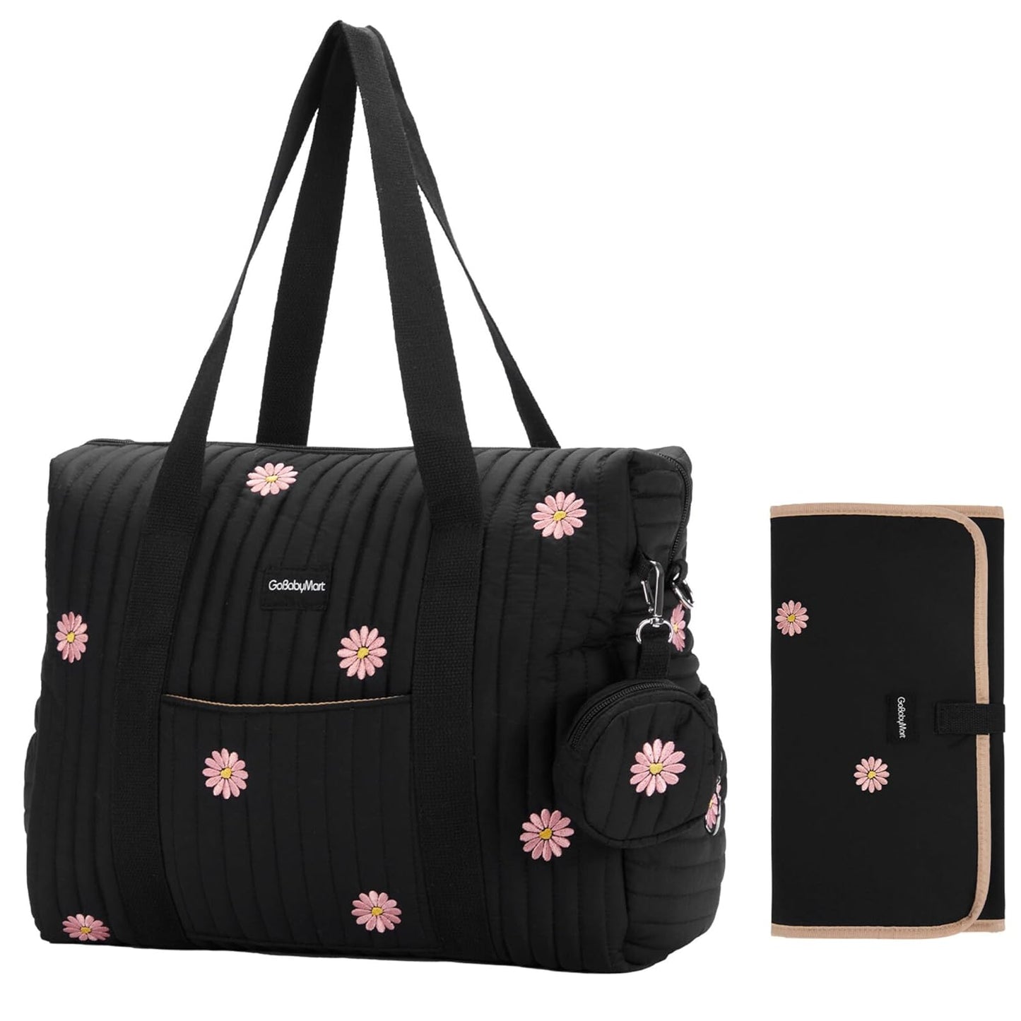 Large Diaper Bag Tote, Maternity Hospital Travel diaper tote, Multifunction baby bag, Baby Nappy Bags, Messenger bag (Medium - Black Flowers)