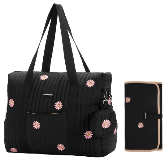 Large Diaper Bag Tote, Maternity Hospital Travel diaper tote, Multifunction baby bag, Baby Nappy Bags, Messenger bag (Medium - Black Flowers)