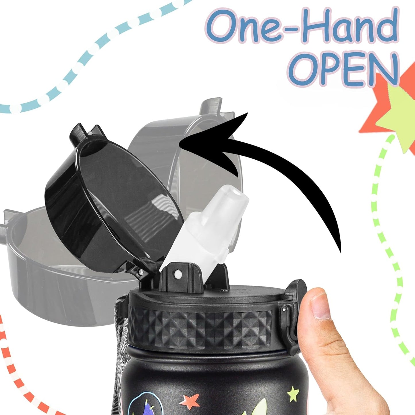 GOPPUS Kids Water Bottle (Straw Lid) - 18 Oz Stainless Steel Travel Bottle, Double Wall Vacuum Leak Proof Kids Cup for School Boys Girls,Space dinosaur