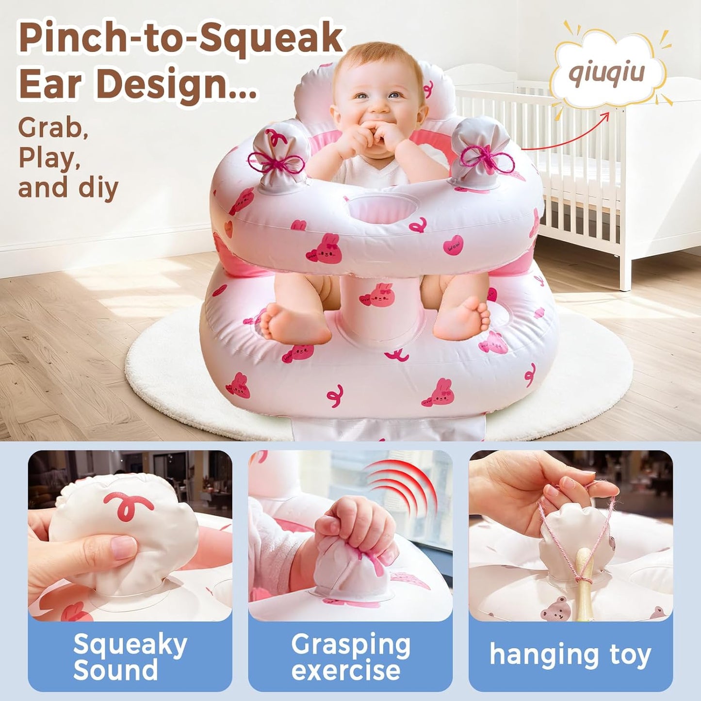 Inflatable Baby Seat for Babies 3-36 Months，[Squeaky Sound & Anti-Fall Design] Inflatable Chair with Sound-Making Ears, Baby Seat for Sitting-Up Practice, Built-in Air Pump (Pink Bunny)
