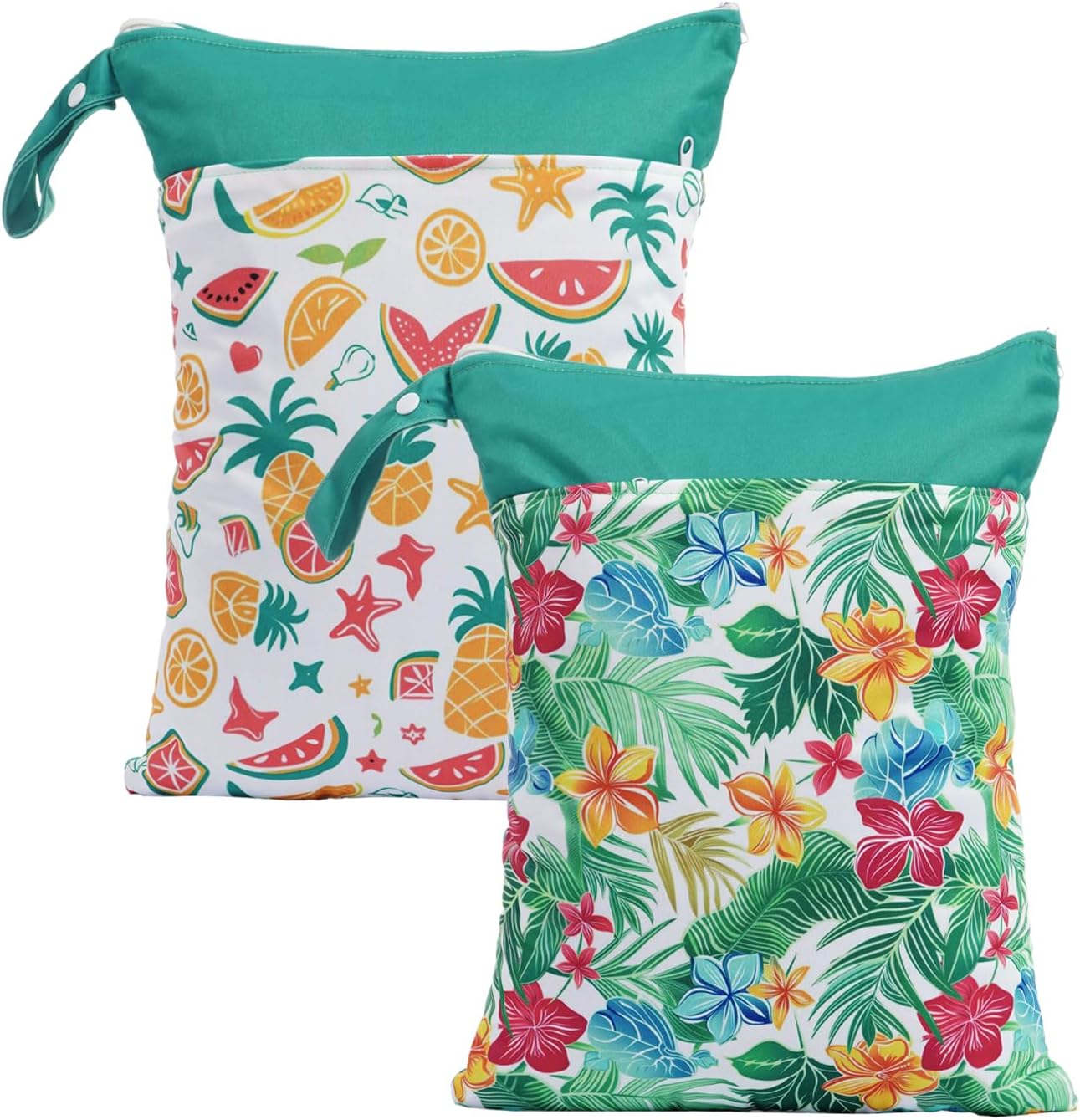 2pcs Wet Bags Waterproof Reusable Wet Dry Bag with Two Zippered Pockets Travel Beach Pool Daycare Yoga Gym Bag for Baby Cloth Diaper,Swimsuits,Wet Clothes (Flowers & Fruits)