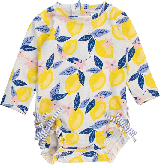 RuffleButts Baby Girls UPF 50+ Sun Protection Novelty Print Long Sleeve One Piece Rash Guard Swimsuit with Zipper