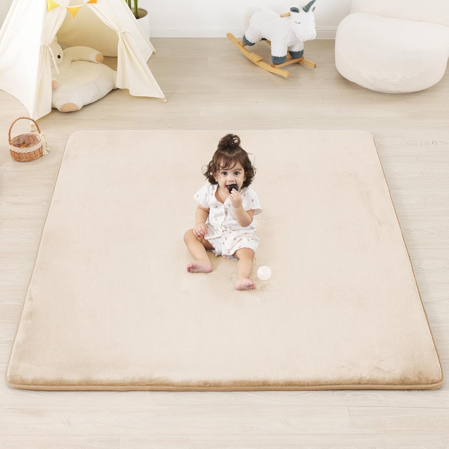 1.3" Thick Baby Floor Play Mat 50x50, Basic Padded Foam Mat for Tummy Time Crawling, Non Slip Cushioned for Babies Toddlers Infants Kids (Beige)