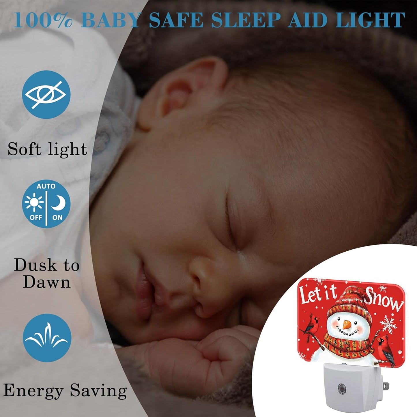 Christmas Snowman Night Light for Kids, Let is Snow LED Night Light Plug into Wall with Dusk to Dawn Sensor for Girls Boys Women Men Room, Hallway, Kitchen, Bathroom, Stairs Decor