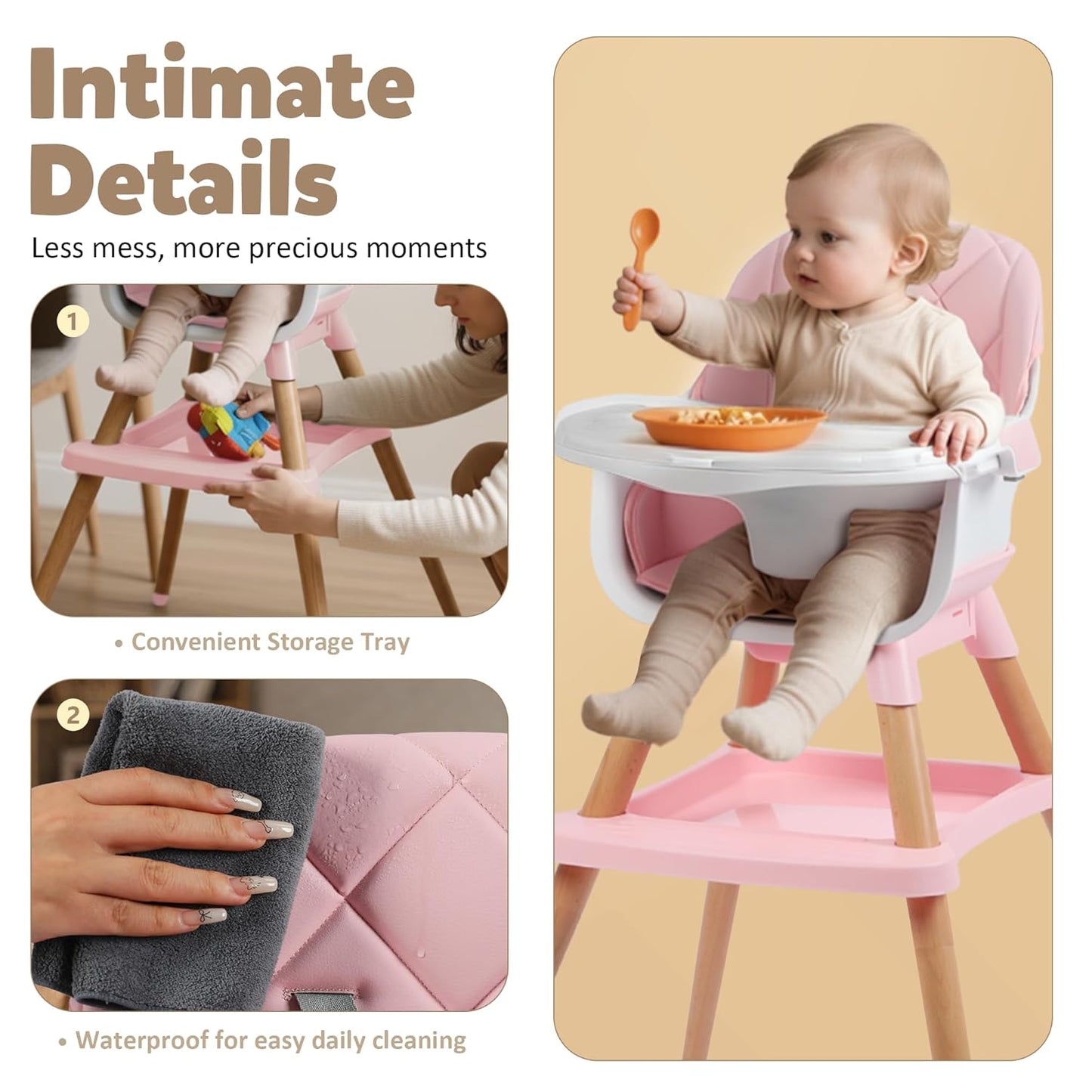 8 in 1 Wooden High Chairs for Babies Toddlers, Convertible to Booster Seat, Baby Feeding Highchair w/ 5-Point Safety Harness, Removable Tray & Cushion, Pink