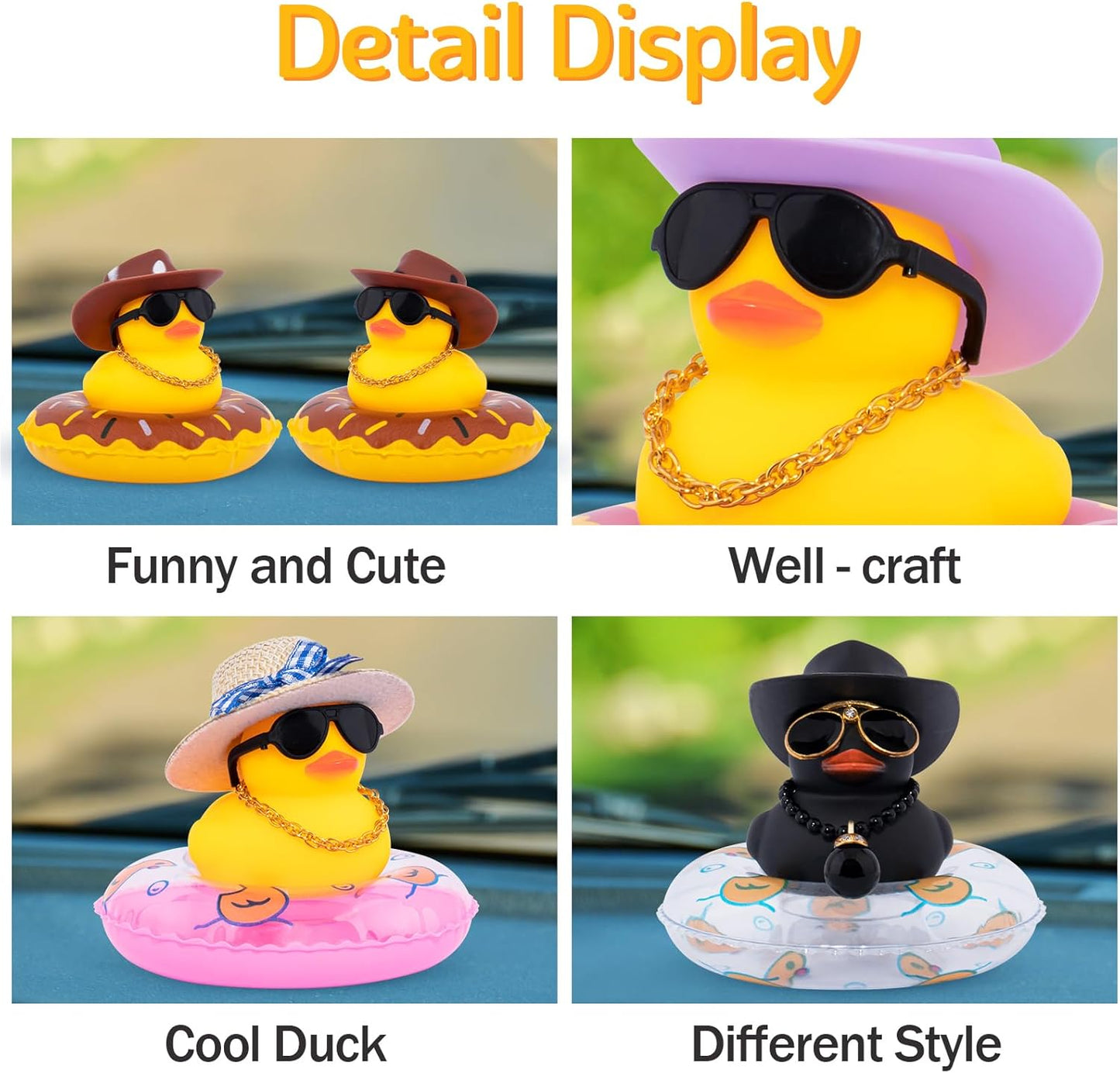wonuu Car Rubber Duck, Yellow Duck Decoration Dashboard with Sun Hat Swim Ring Necklace Sunglasses for Car Dashboard Decorations, Black Spots Brown Cowboy Hat-Brown Donut