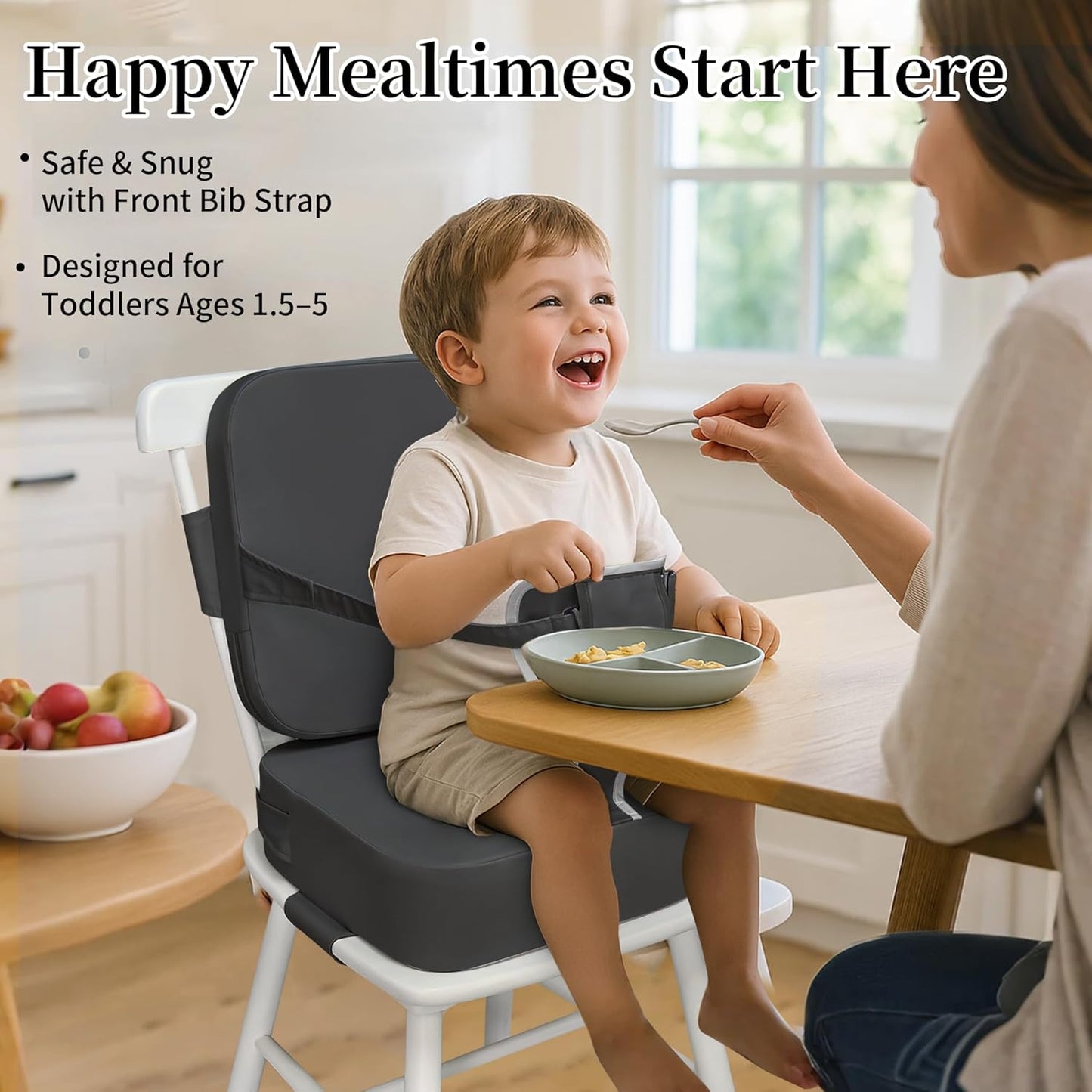 Toddler Booster Seat for Kitchen Chair and Dining Table, Non-Slip Cushion with Backrest, Adjustable Straps, Waterproof and Portable for Travel - Dark Grey