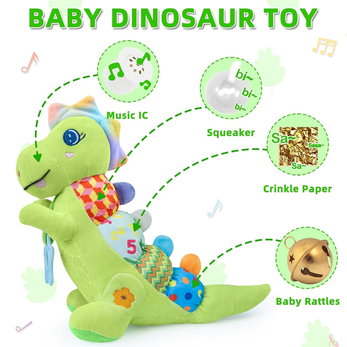 Baby Dino Musical Stuffed Animal Toys for 0-3-6-9-12 Months，Infant Dinosaur Tummy Time Toys with Crinkle Sound Paper,Teether，Textures & Rattles for Newborn Boys Girls Birthday Gifts，Green