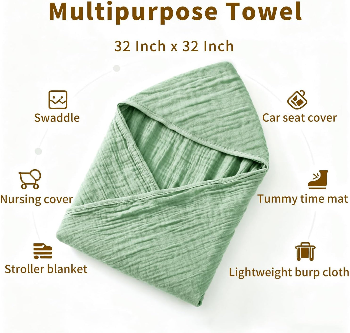 Organic Muslin Hooded Baby Bath Towels - 2 Pack 100% Organic Cotton Towel for Babies, Infants, Toddlers - 32x32Inch - Highly Absorbent and Newborn Essential(Grey Green)