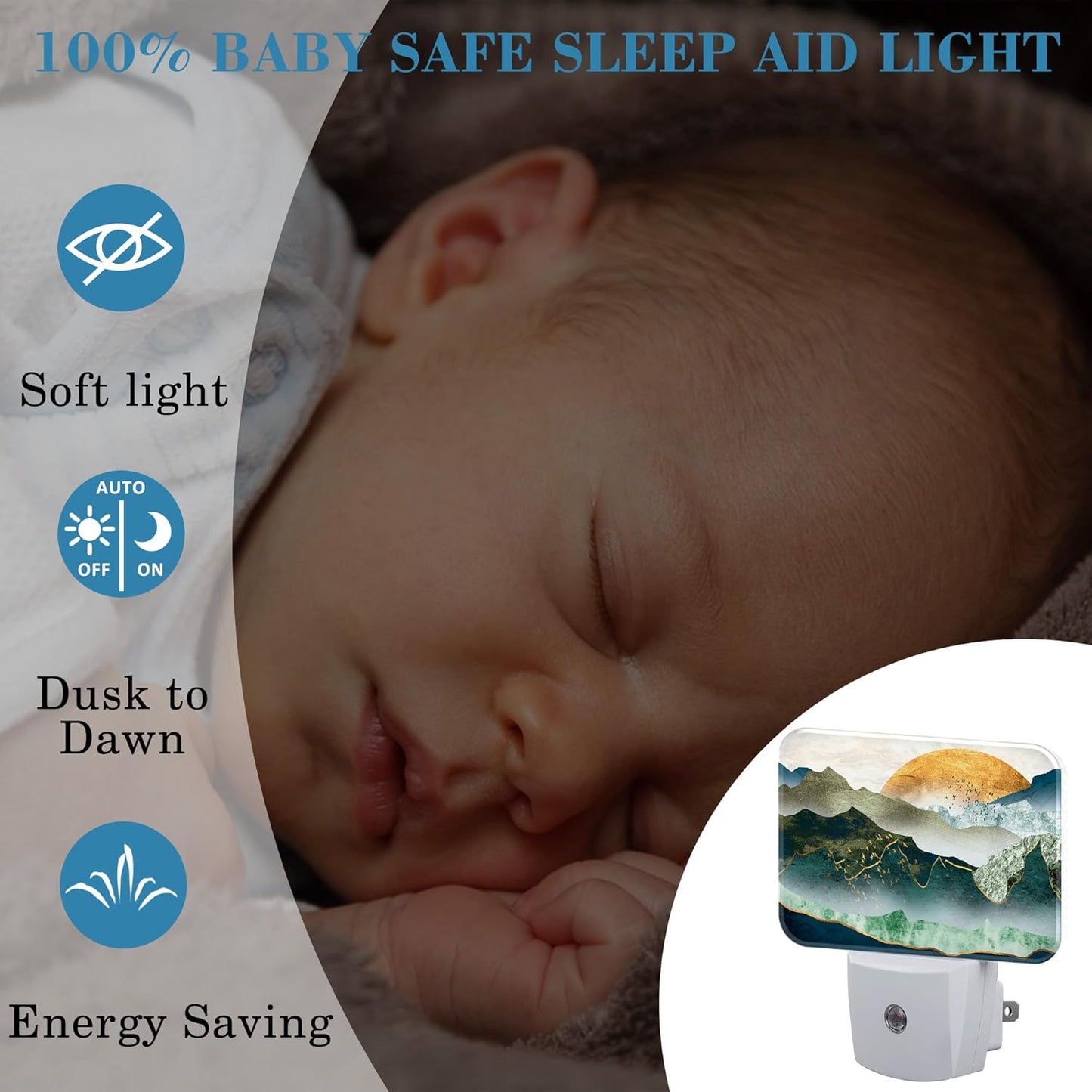 Green Mountains Plug in Night Lights, Golden Sunset Nightlight Plug Into Wall Dusk to Dawn Sensor for Kid Girls Boys Women Men Bedroom, Hallway, Kitchen, Bathroom, Stairs Decor
