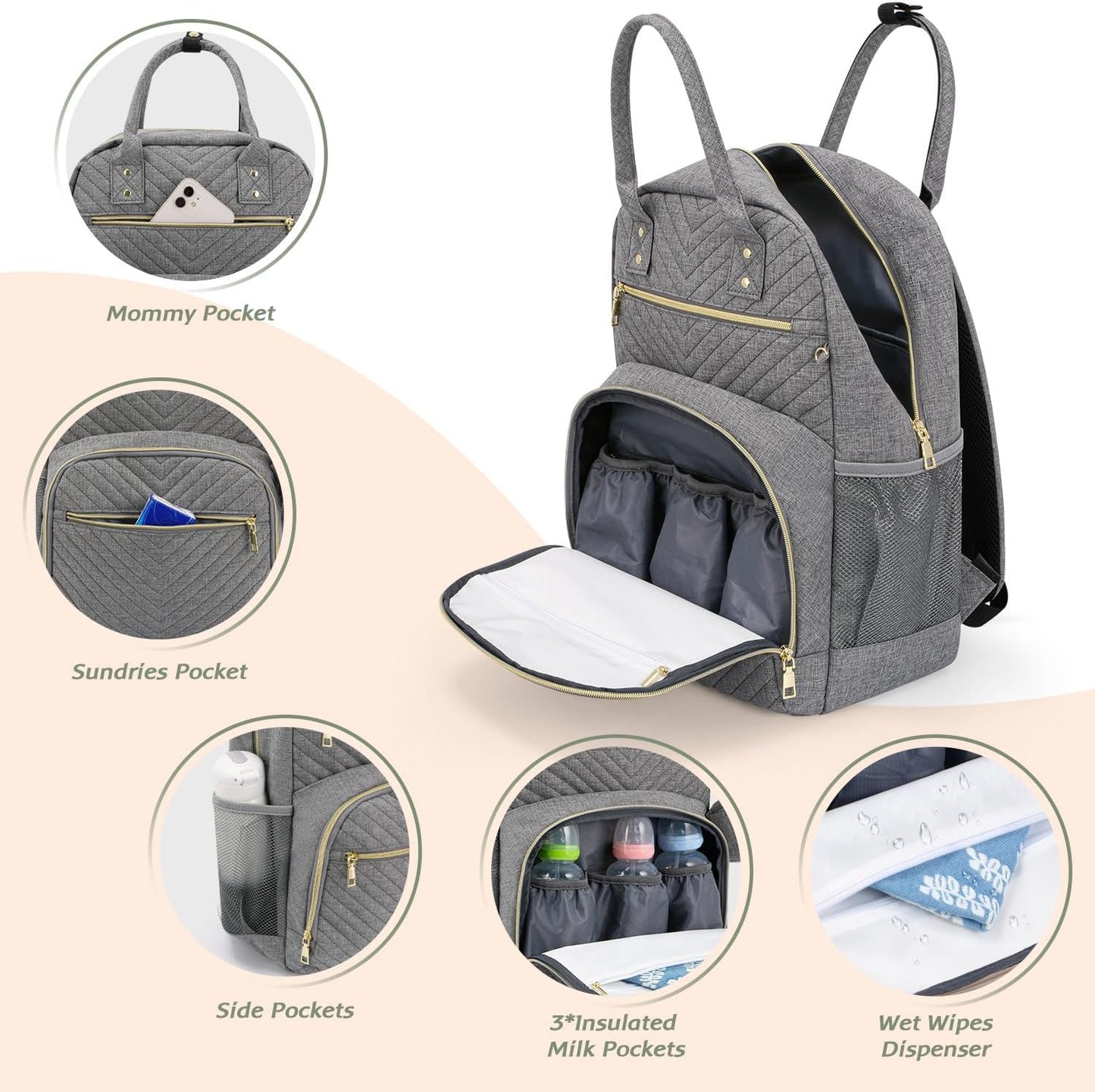 Diaper Bag Backpack,Baby Essentials Diapers Bag with Pacifier Case,Multipurpose Stylish Large Capacity Travel Backpack for Baby Girl/Boy(M-Gray)