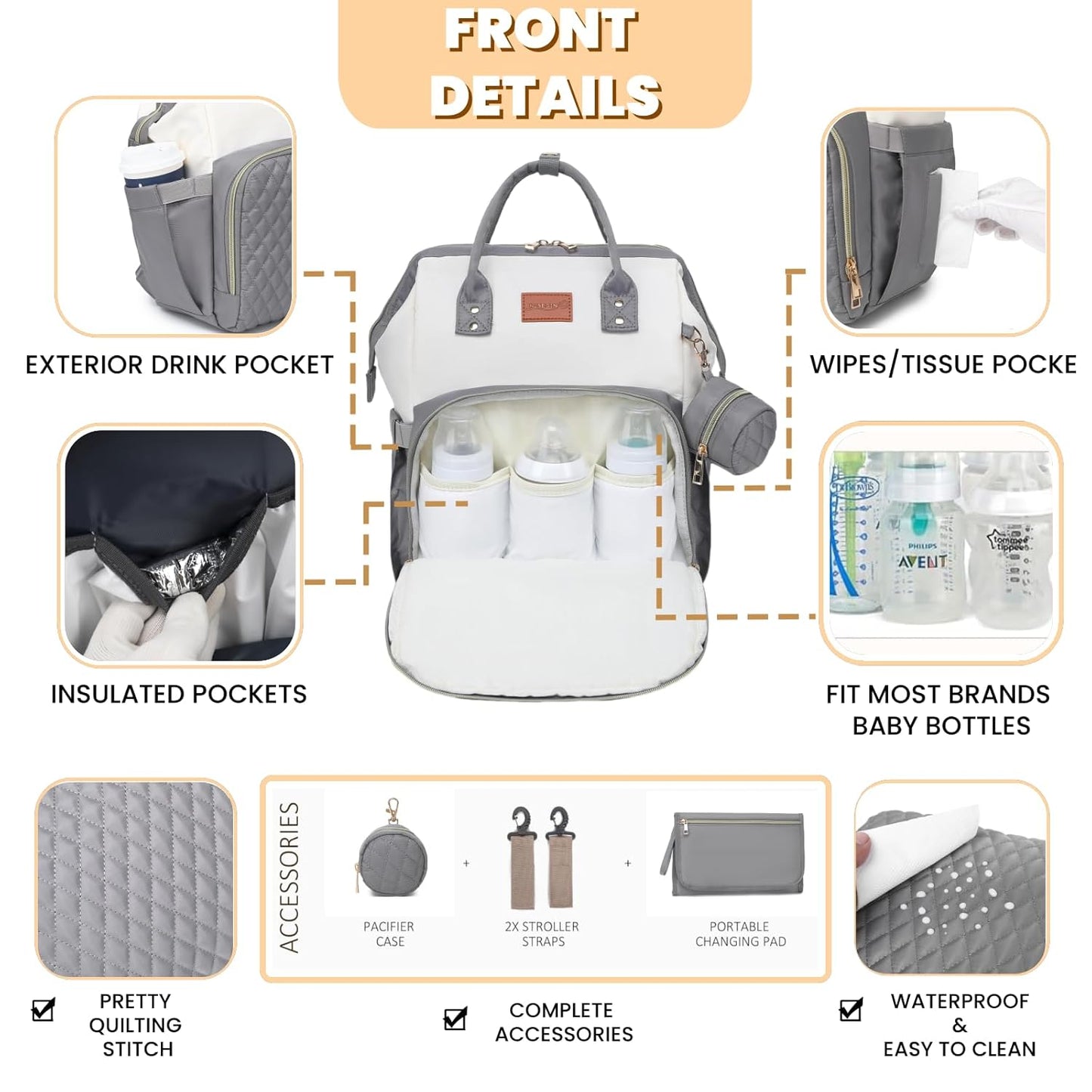 Baby Diaper Bag Backpack with Changing Pad, Pacifier Case, for Boy Girl Toddler - Large, Stylish, Waterproof Travel Quilted Diaper Bag for Mom - Gray/White