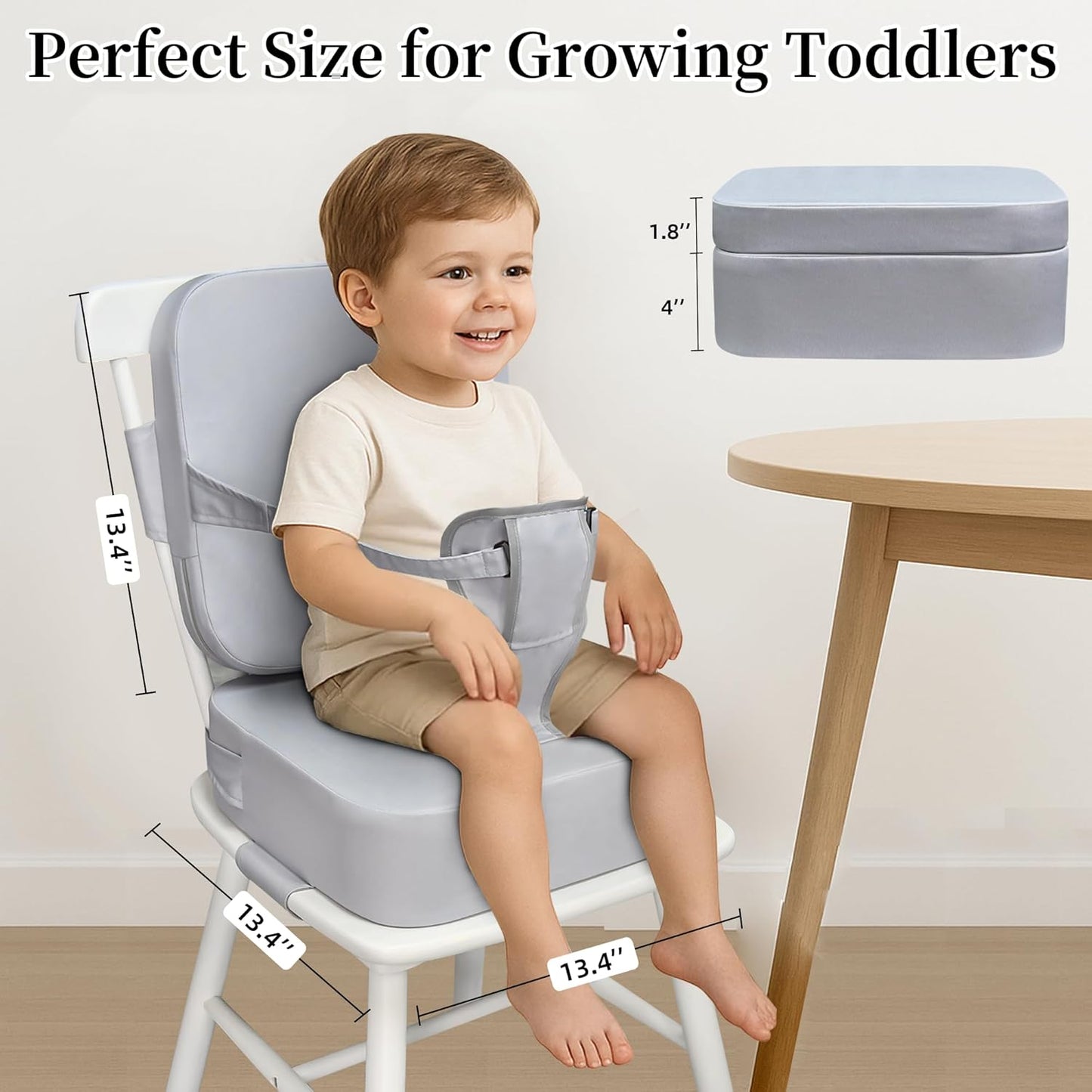 Toddler Booster Seat for Kitchen Chair and Dining Table, Non-Slip Cushion with Backrest, Adjustable Straps, Waterproof and Portable for Travel - Grey