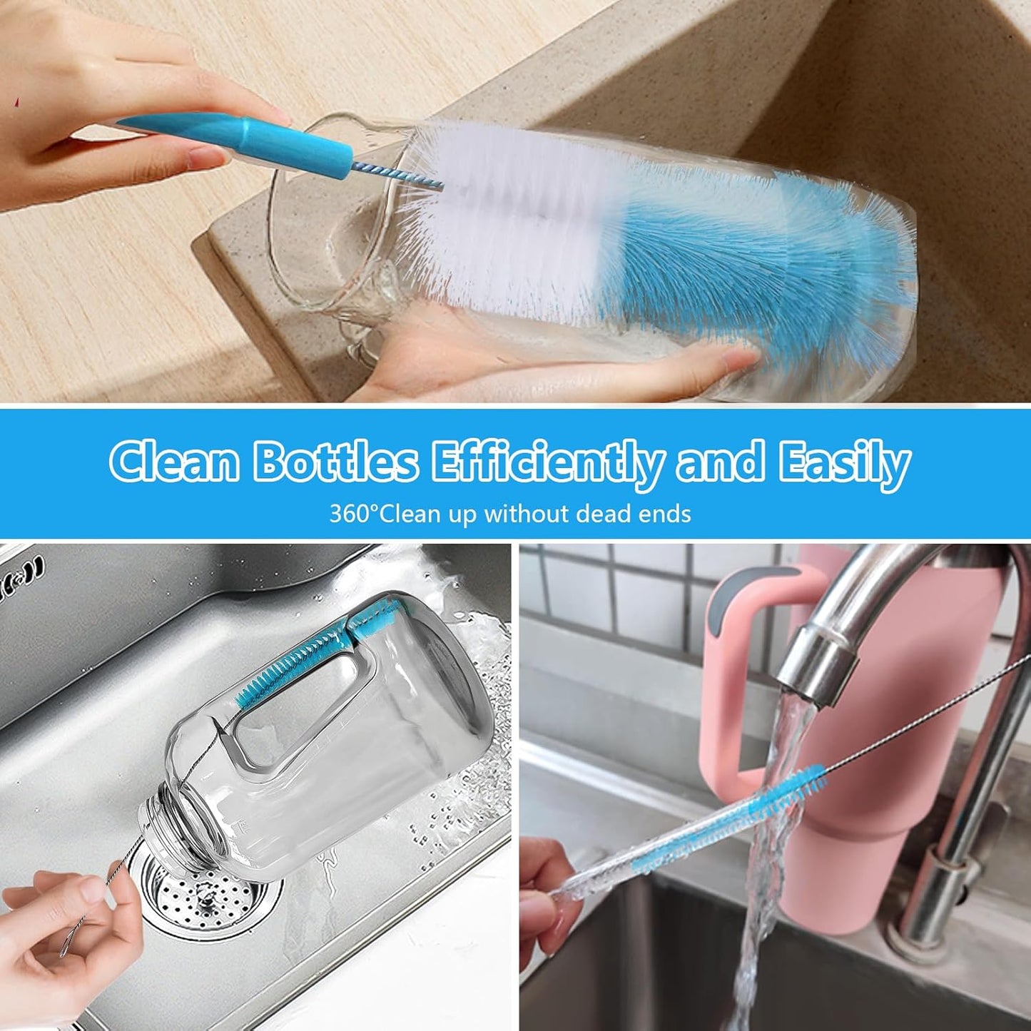 5 Pack Bottle Cleaner Brush, Straw Cleaner Brush & Long Handle - Water Bottle Brush for Narrow Bottles, Baby Bottles, Mugs, Flasks, Wine Decanters, Coffee Cups - Includes 3 Straw Cleaners