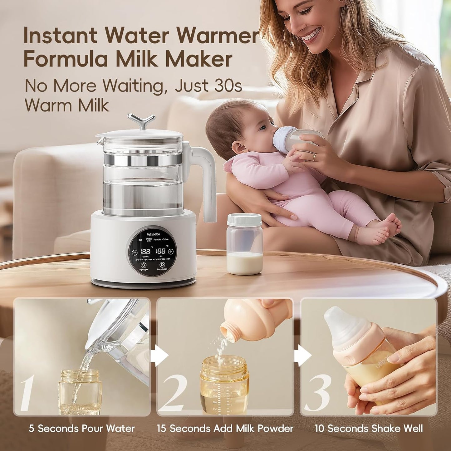 Baby Water Warmer, Baby Bottle Warmer Glass Tea Kettle Boiler, Formula Maker with Night Light, Accurate Temperature Control for Formula, Low Noise Breastmilk Warmer, 24/7 Keep Warm, Coffee,Tea