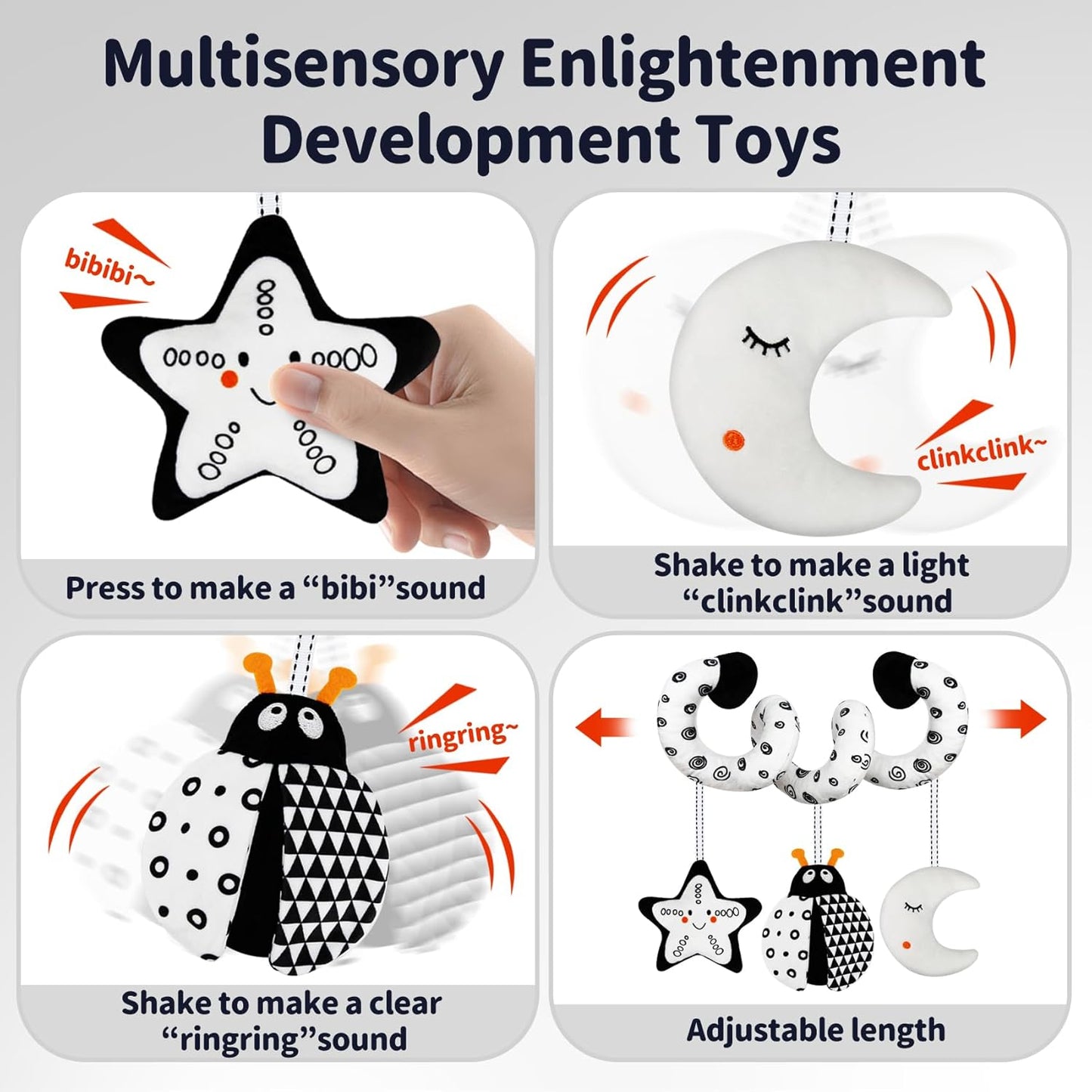TSYAN Car Seat Toys for Babies 0-6 Months,Hanging Rattle Toys for Crib Mobile, Baby Spiral Hanging Stroller Black and White High Contrast Toys for Newborn 0 3 6 9 12 Months Baby Boys Girls (Bug)