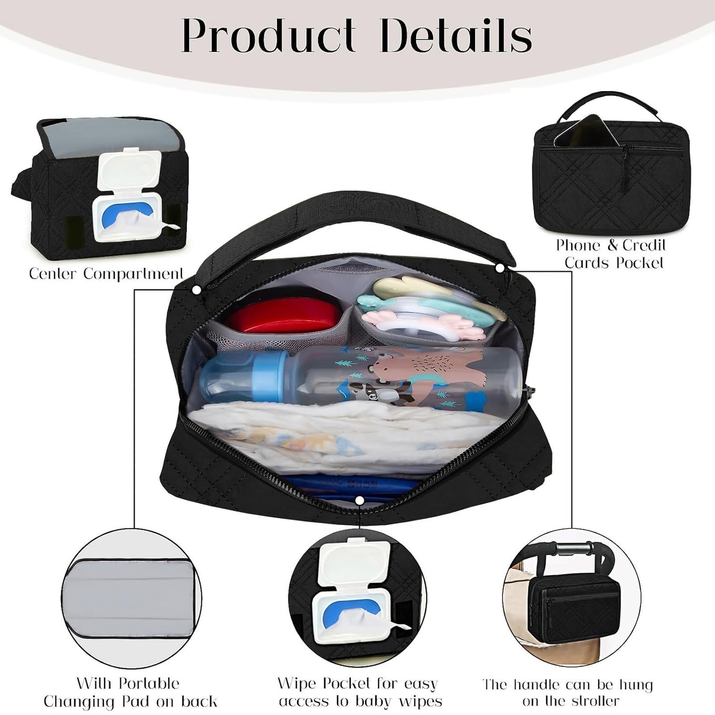 Small Diaper Bag with Portable Changing Pad, Mini Crossbody Diaper FannyPack with Wipes Pocket, Women Waist Bag for Travel (Quilted Black, Large)