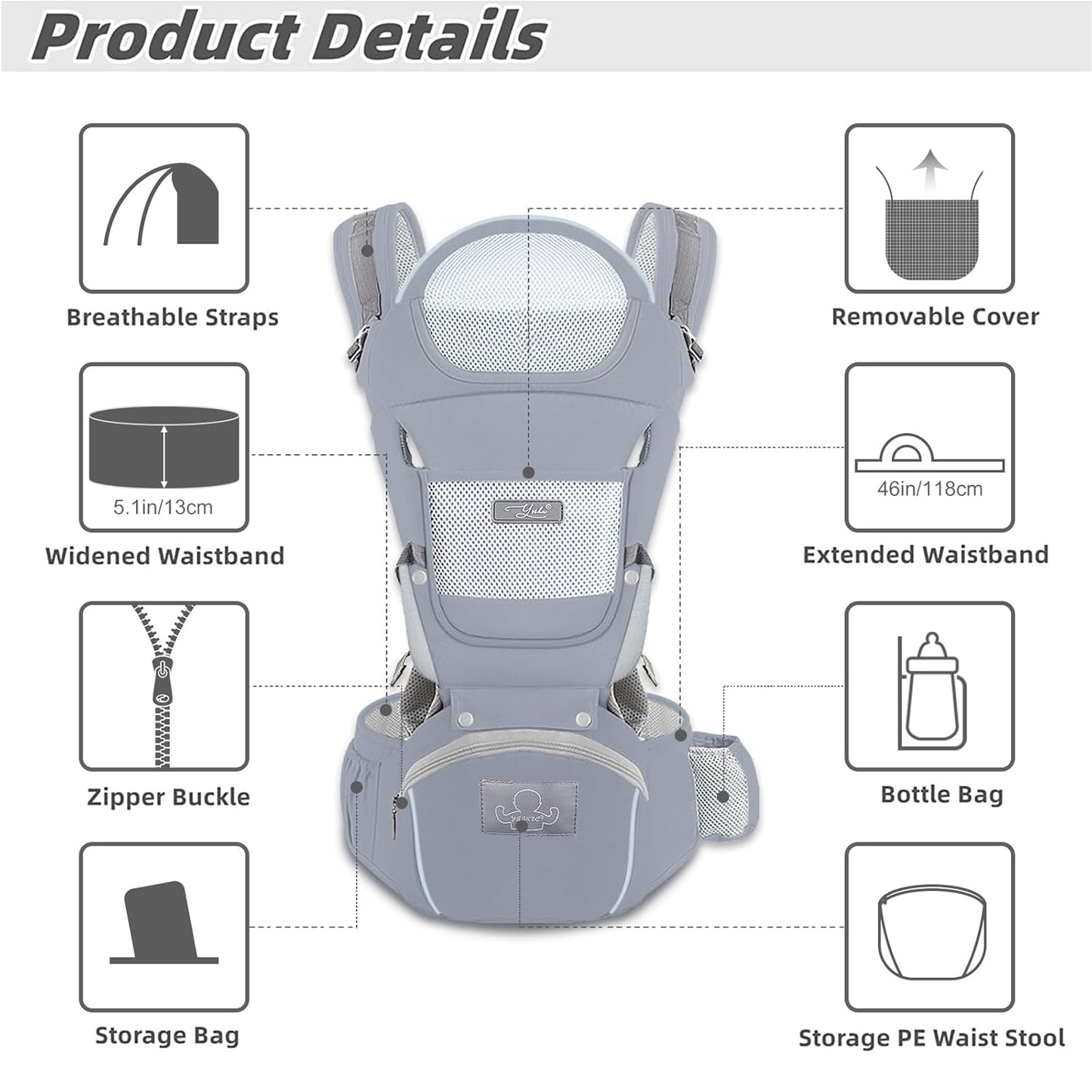 Baby Carrier Ergonomic Infant Carrier with Hip Seat Kangaroo Bag Soft Baby Carrier Newborn to Toddler 7-45lbs Front and Back Baby Holder Carrier for Men Dad Mom (Grey)